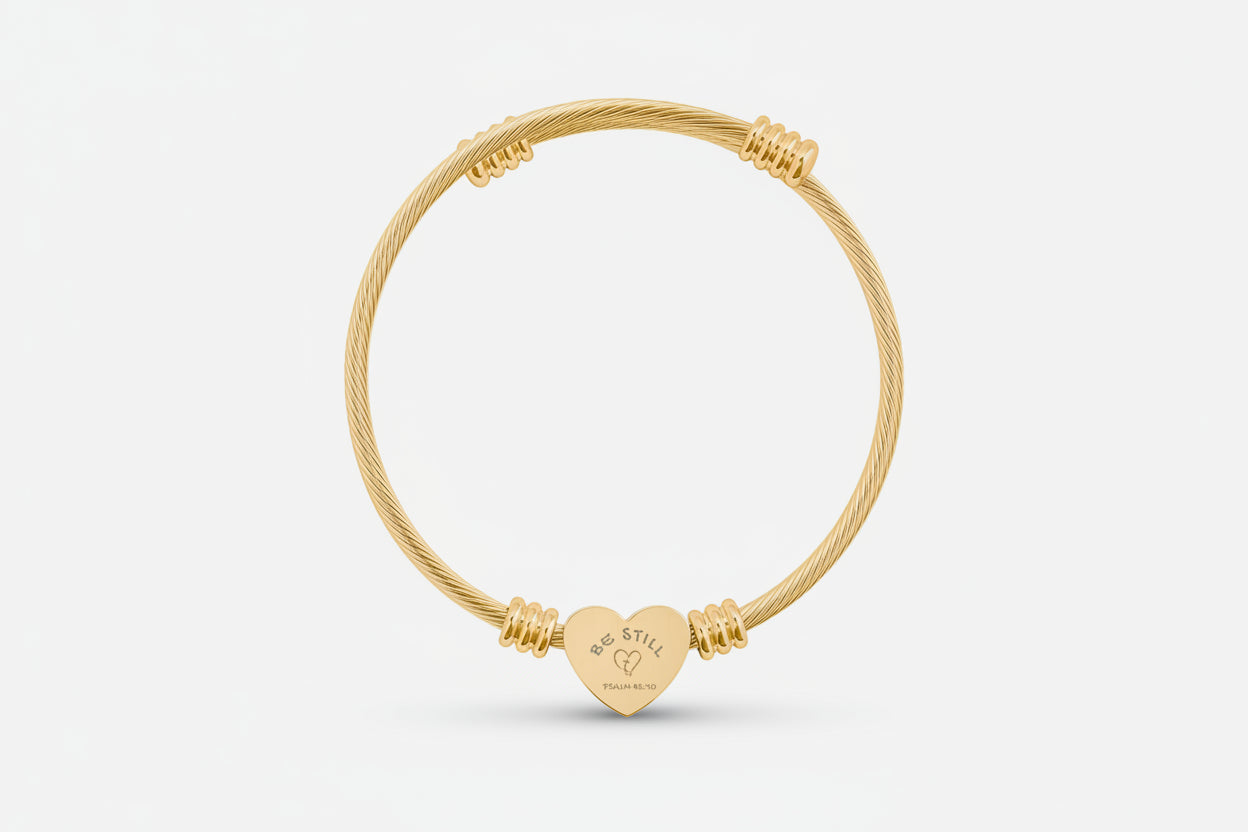 Be Still - Psalms 46:10 Heart Cuff Bracelet — Cable Bangle (Silver or Gold)