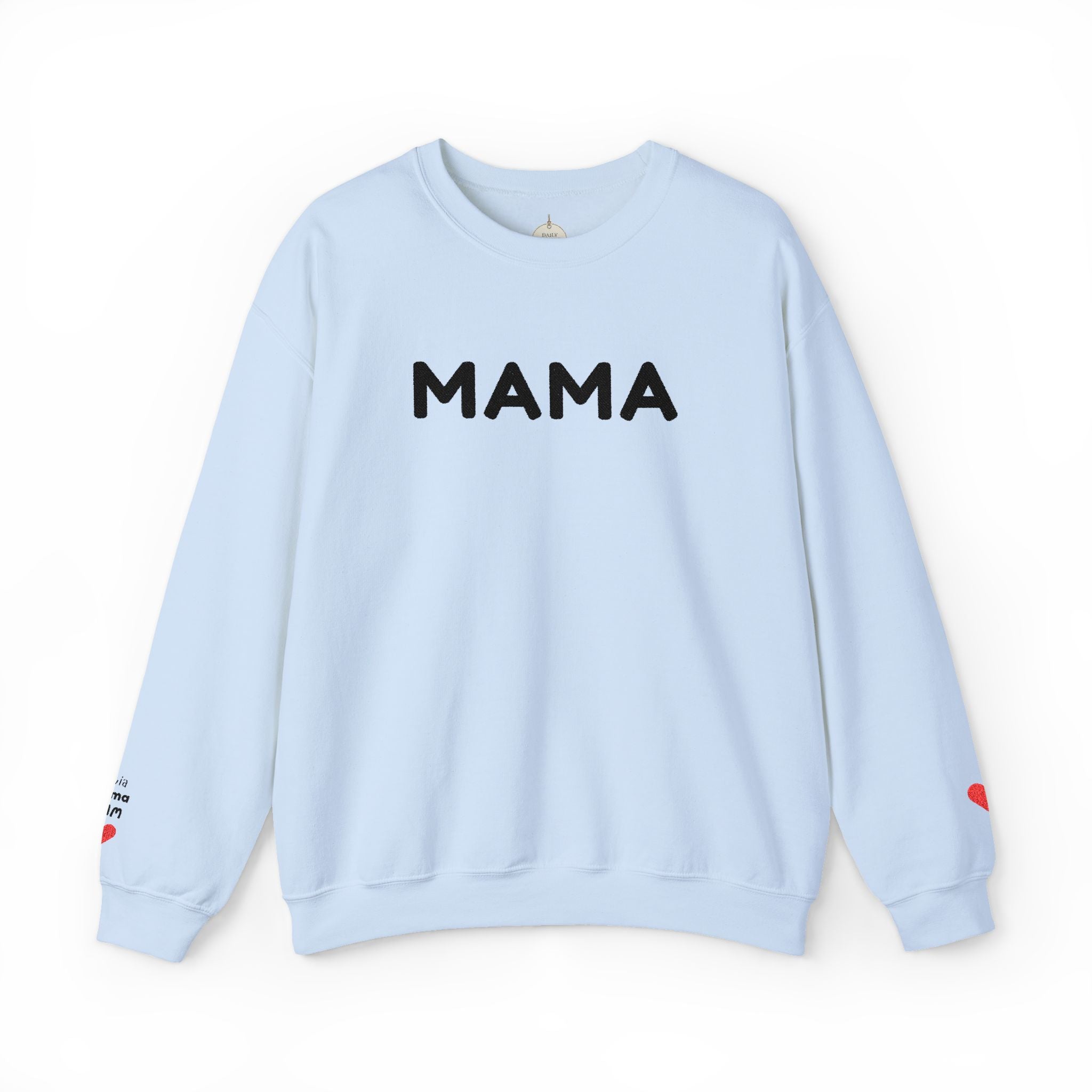 Embroidered - Personalized - Mama Crewneck Sweatshirt — Cozy Mother's Day Pullover with Heart Sleeve Detail