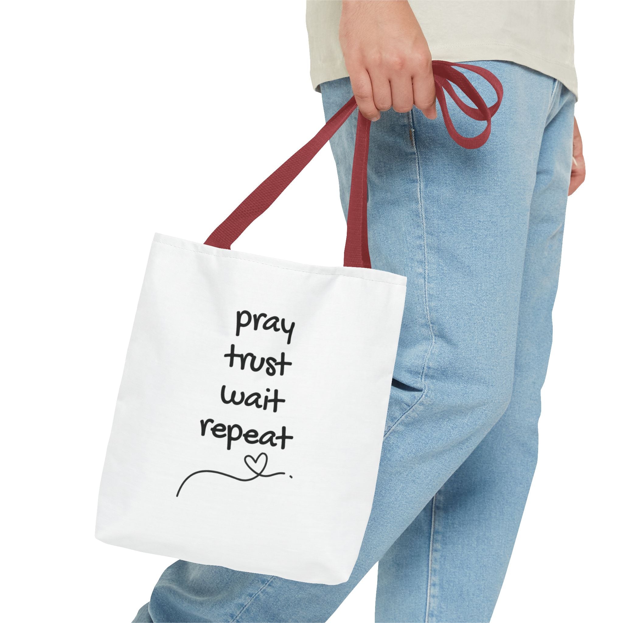 Pray Trust Wait Repeat Tote Bag — Inspirational Faith Canvas Tote