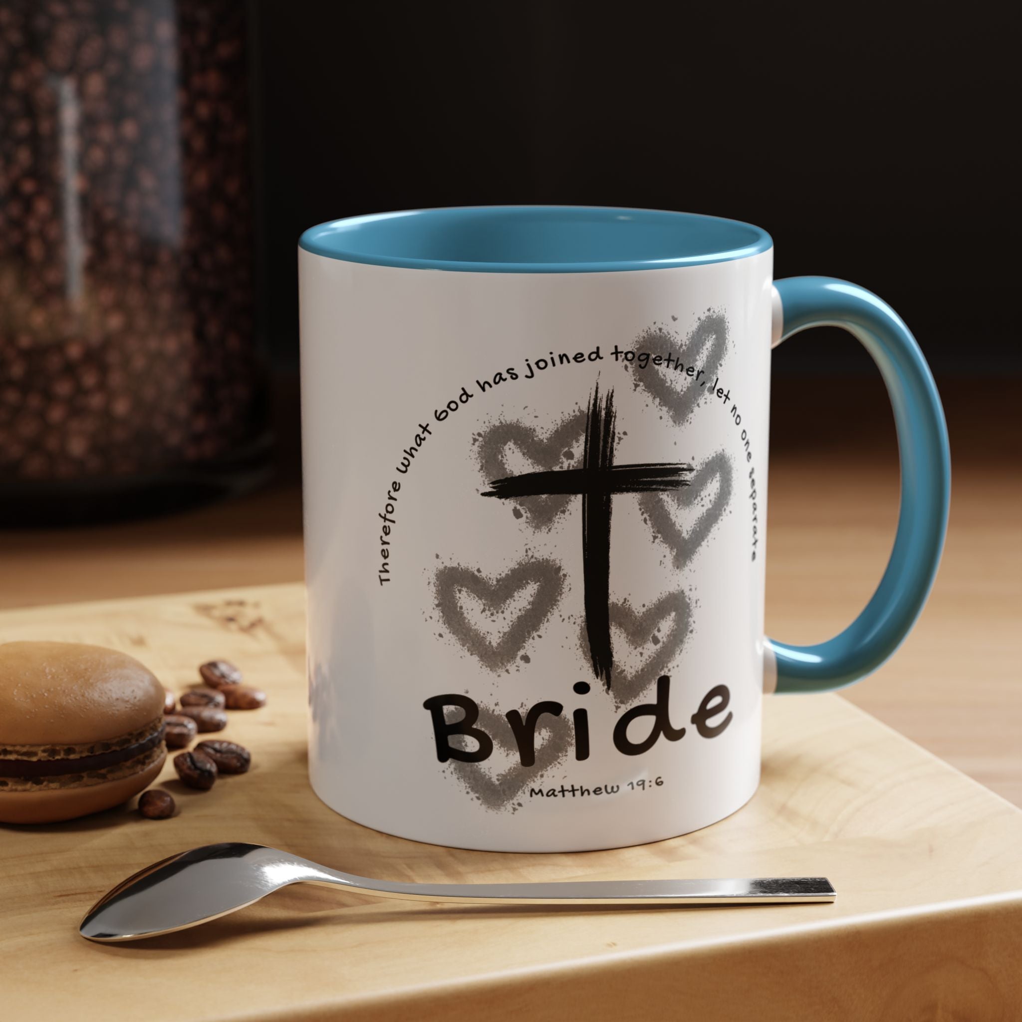 Bride Coffee Mug — Christian Cross & Hearts Accent Mug (Matthew 19:6)
