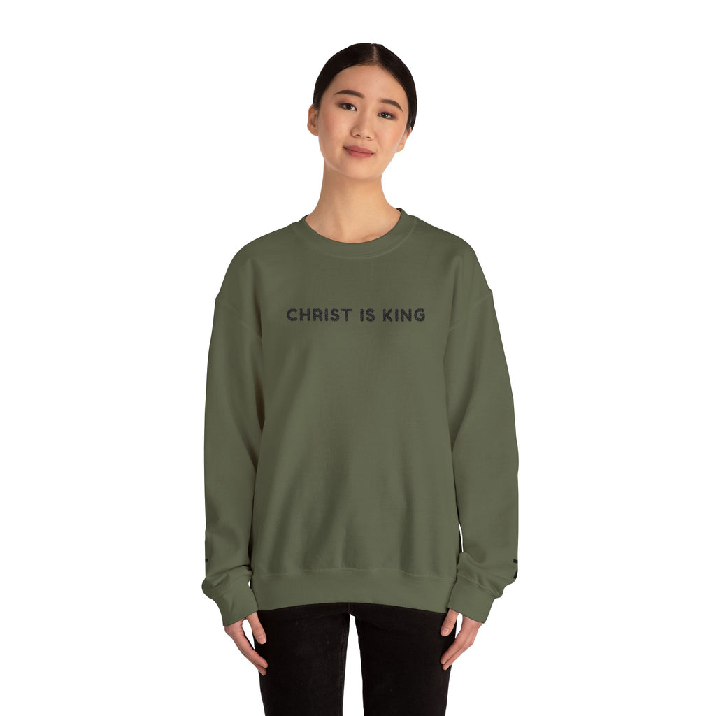 Embroidered text Christian Crewneck Sweatshirt — "Christ Is King" Minimalist Faith PulloverCross on each Wrist