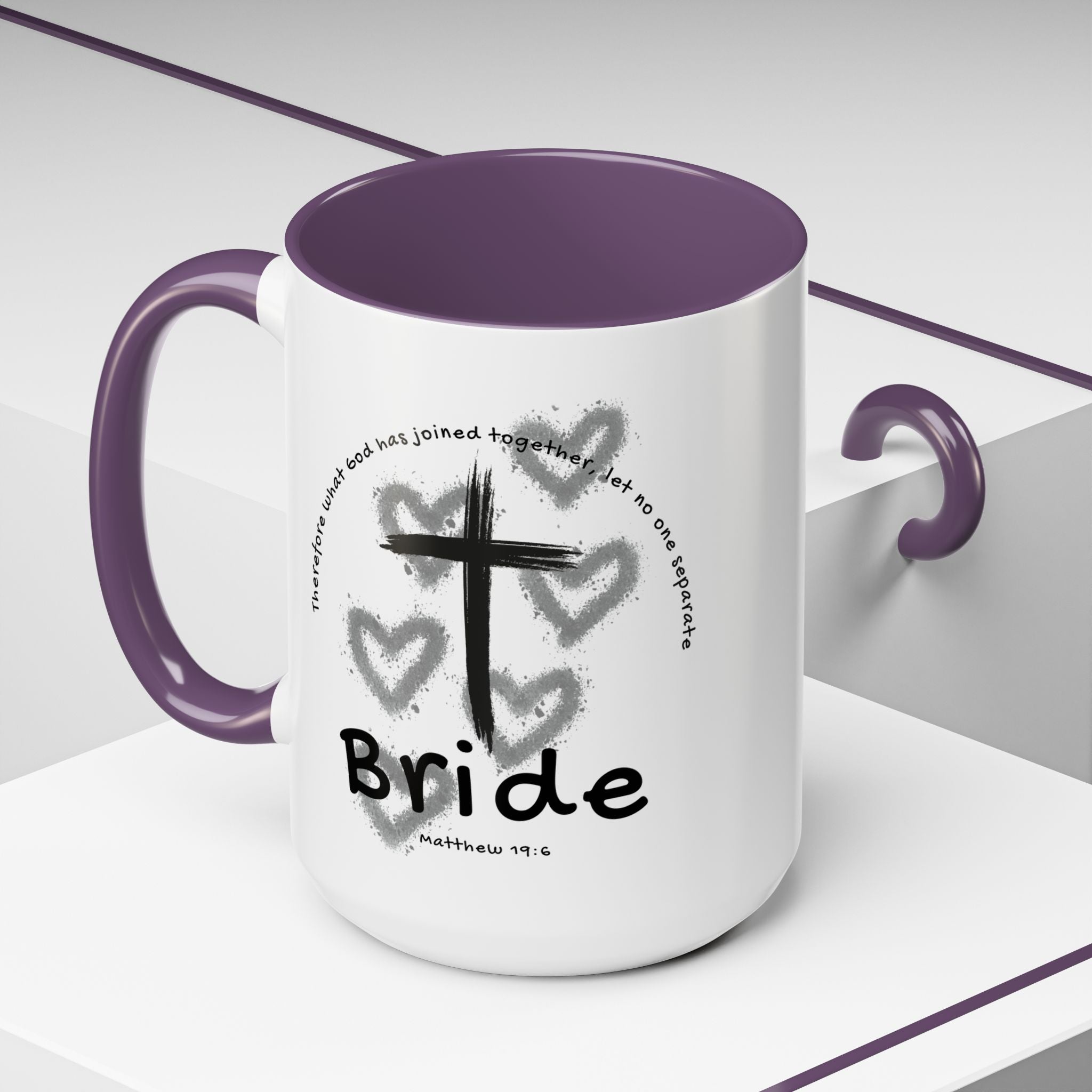 Bride Coffee Mug — Christian Cross & Hearts Accent Mug (Matthew 19:6)