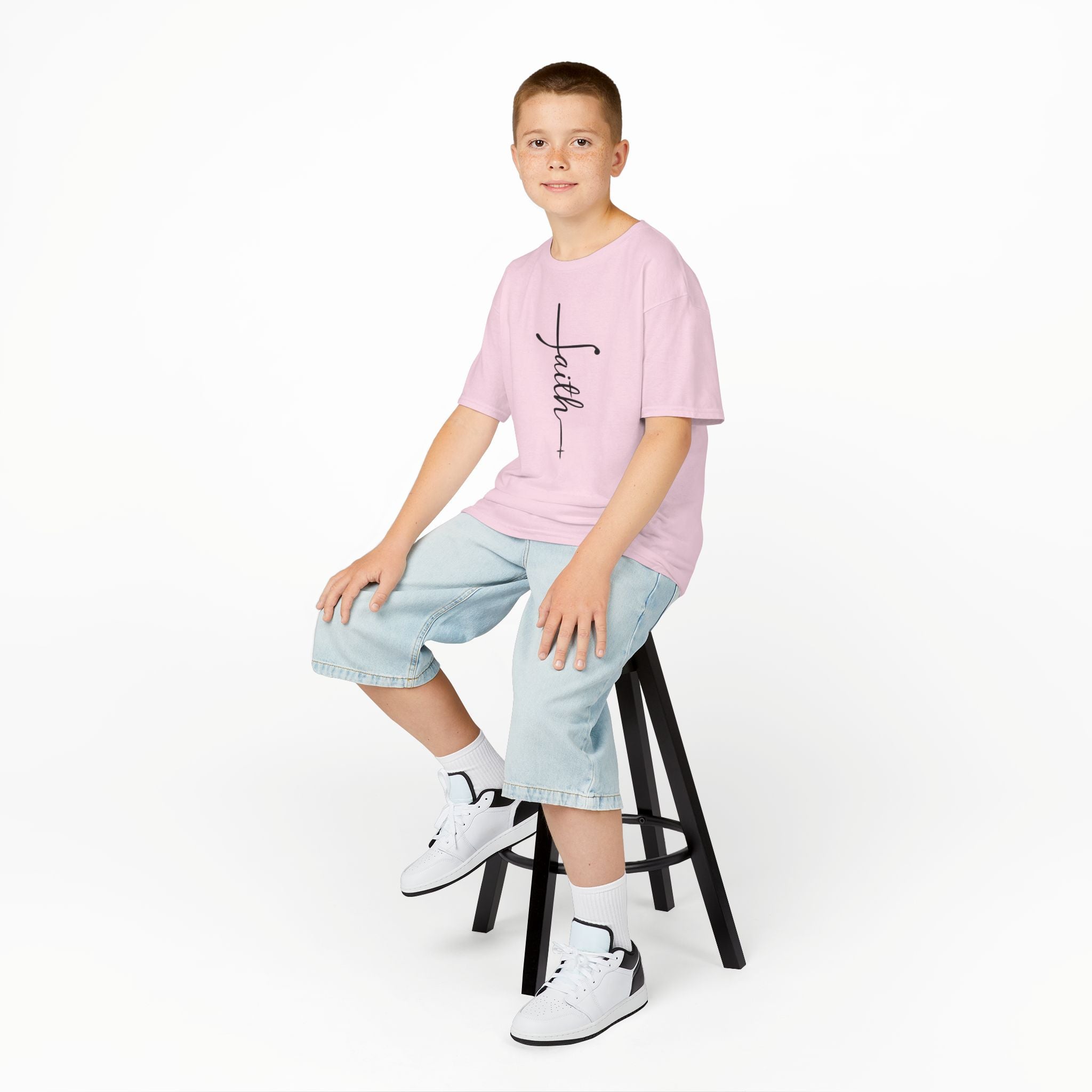 Kids Tee — Vertical "faith" Cross Script Graphic