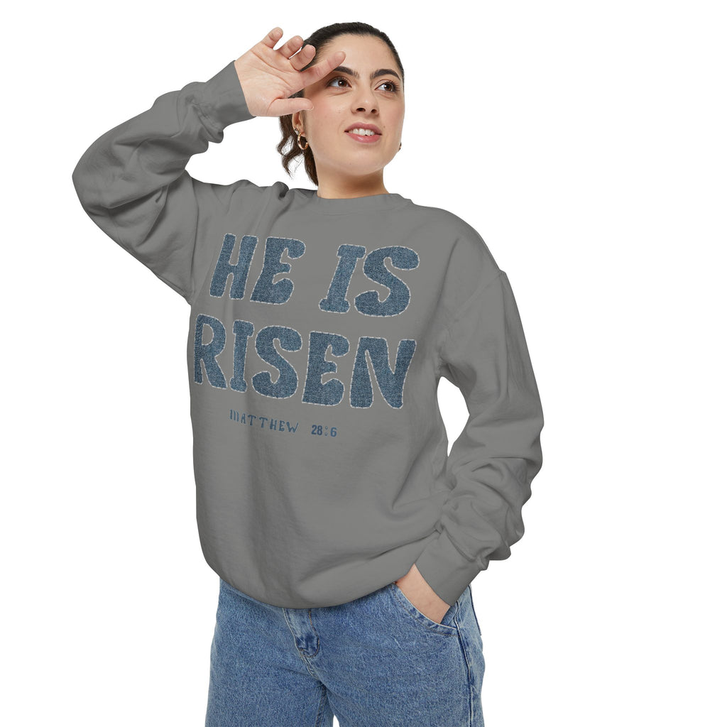 Comfort Colors - He Is Risen Sweatshirt — Christian Easter Pullover (Matthew 28:6)