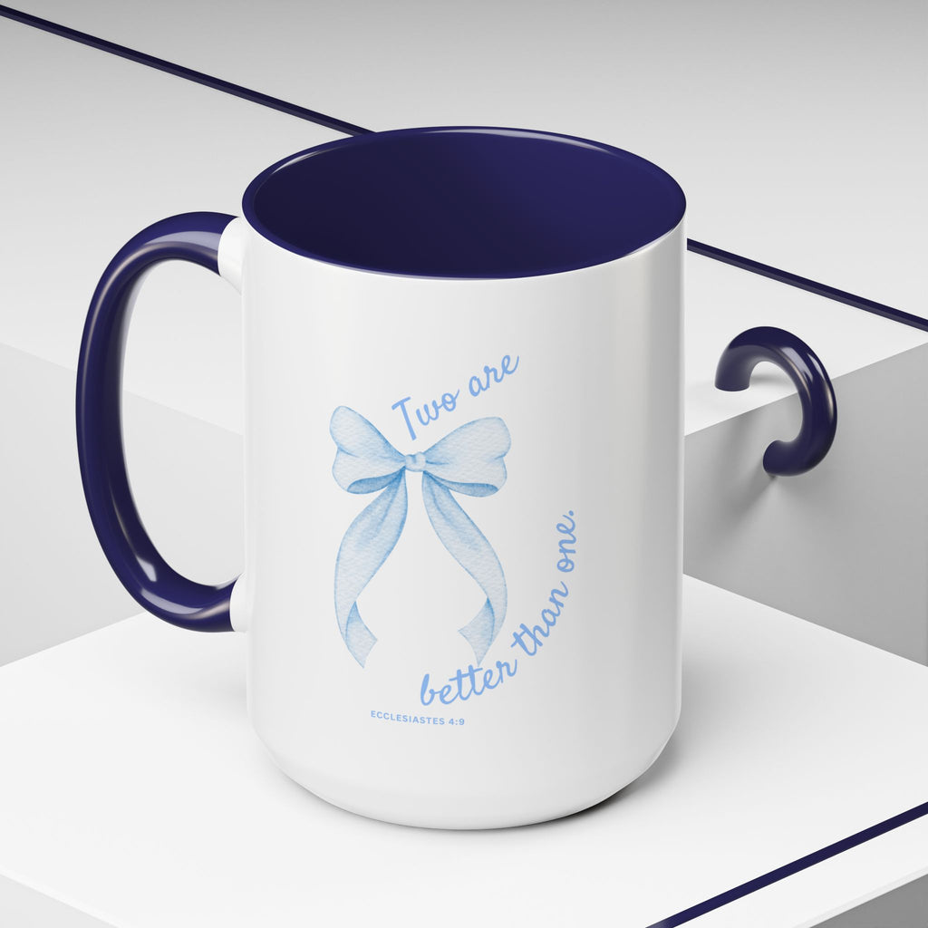 Accent Coffee Mug - "Two are better than one" Blue Ribbon Ceramic Mug Christian Wedding