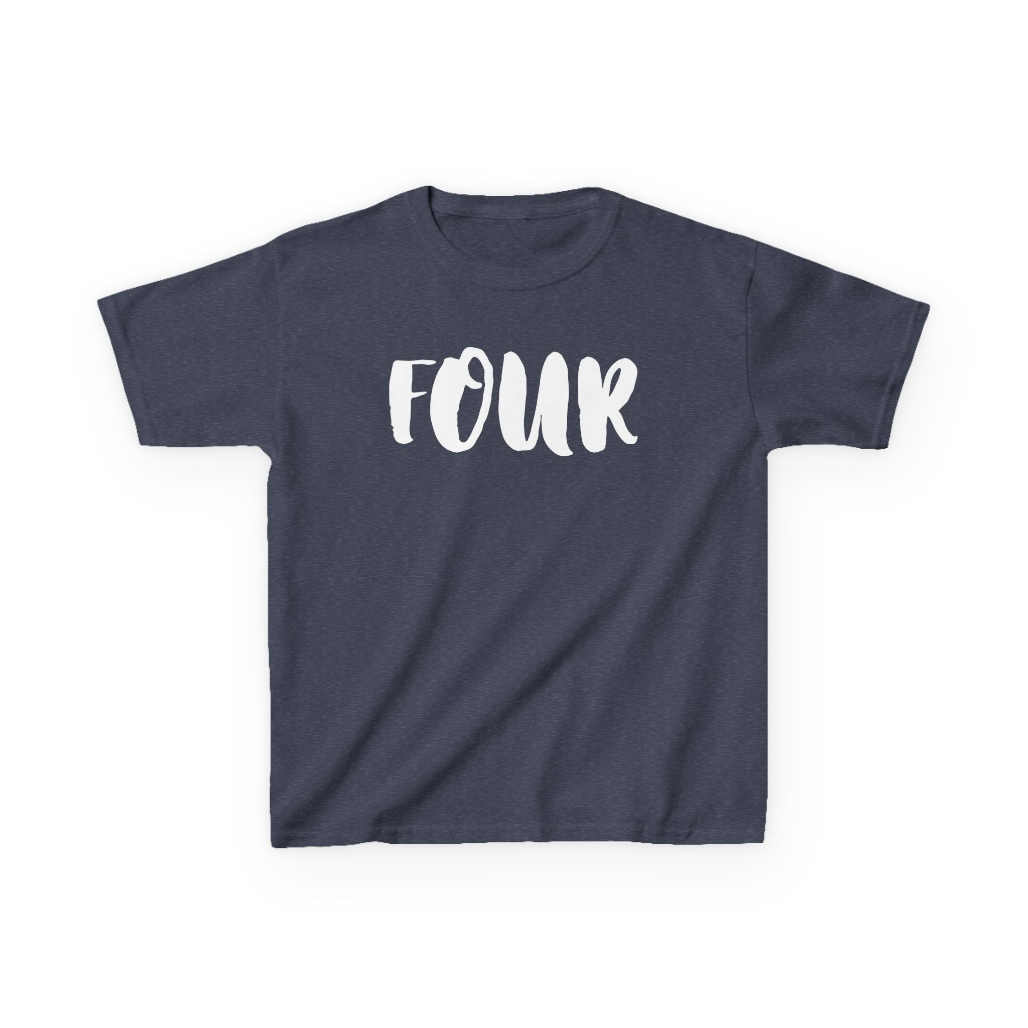 Kids 'Four' Birthday T‑Shirt — Fun Script Number Tee for 4-Year-Olds