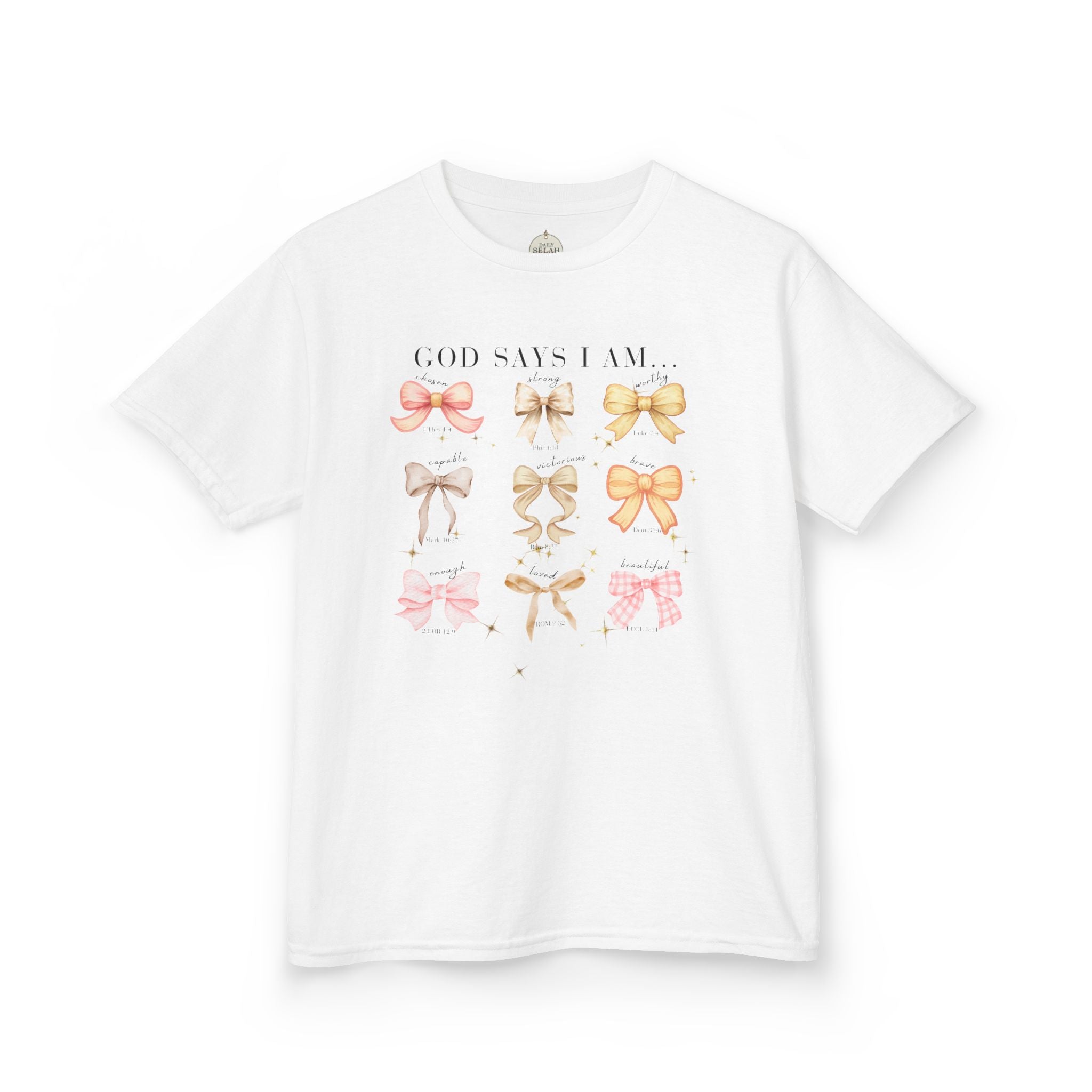 Kids Tee — 'God Says I Am' Pastel Bow Graphic