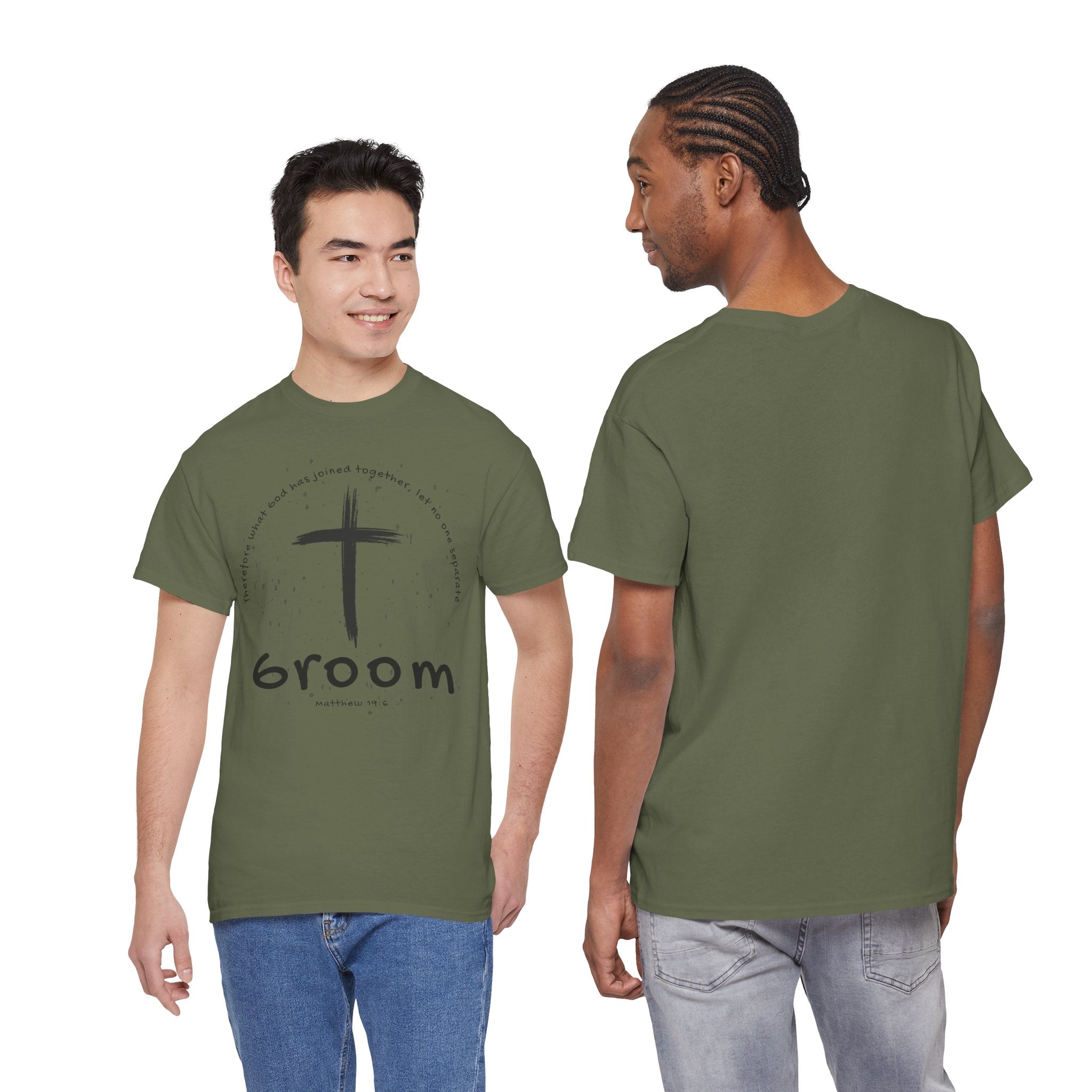 Groom Cross Tee — Christian Wedding Groom T-Shirt (Scripture Verse Design) - Christian - Matthew 19:6