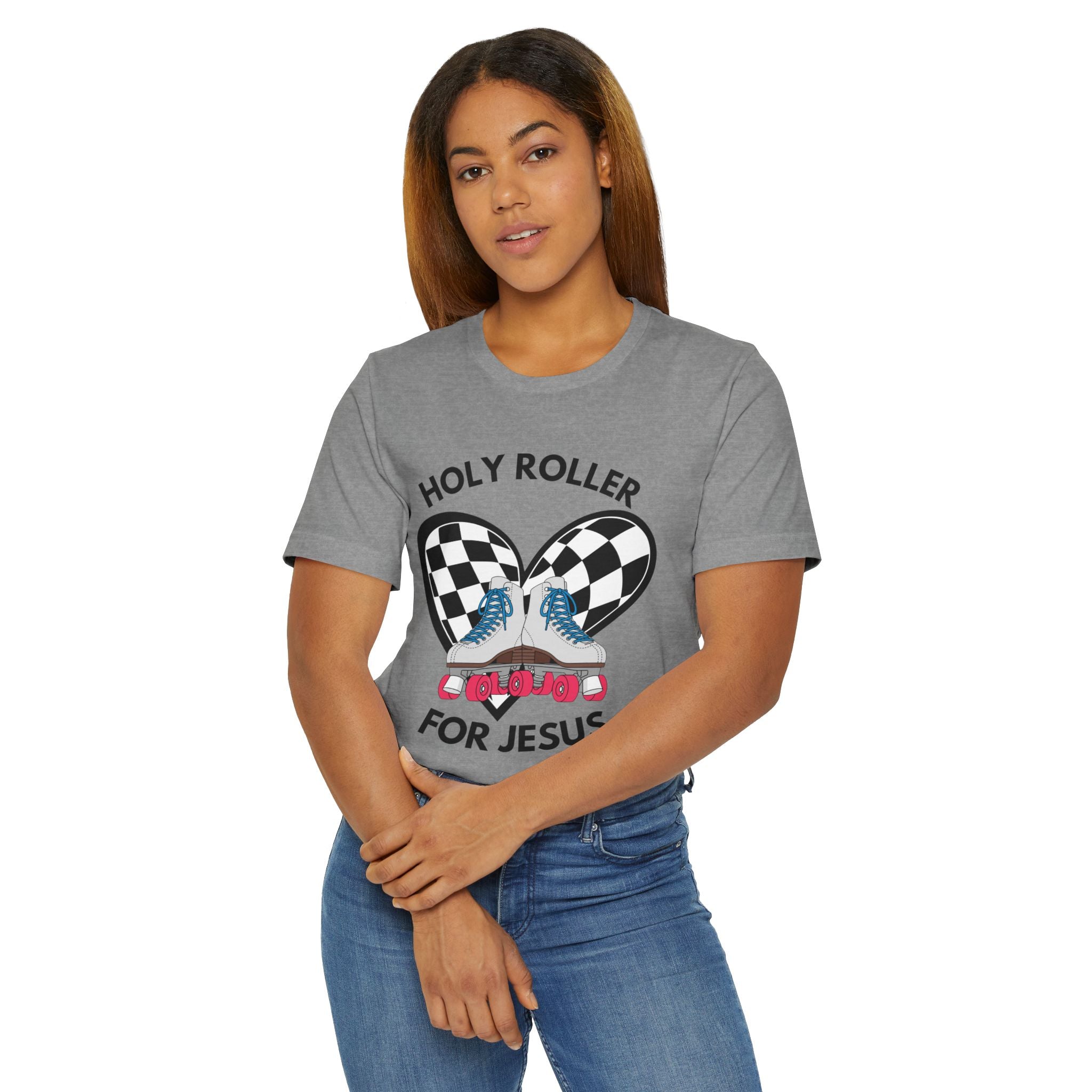 Holy Roller For Jesus T-Shirt — Retro Roller Skates & Checker Heart Christian Tee