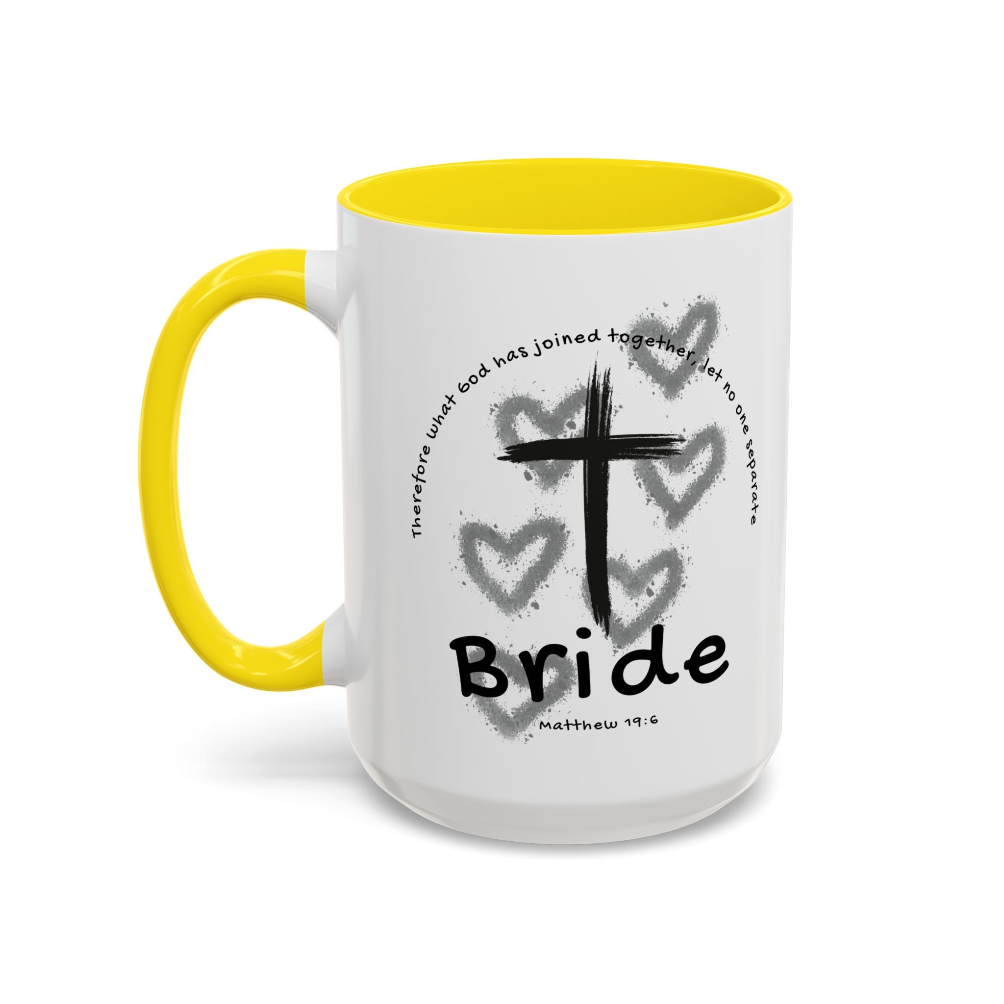 Bride Coffee Mug — Christian Cross & Hearts Accent Mug (Matthew 19:6)