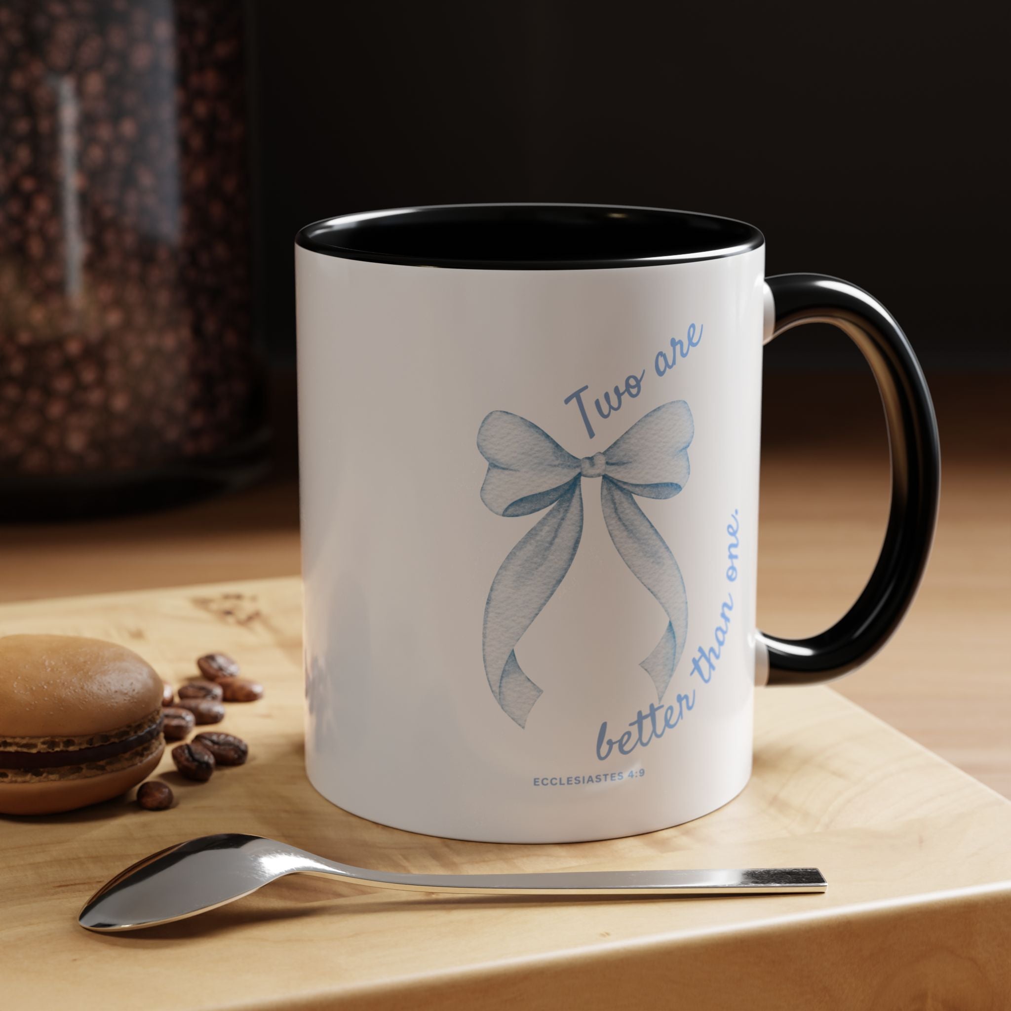 Accent Coffee Mug - "Two are better than one" Blue Ribbon Ceramic Mug Christian Wedding