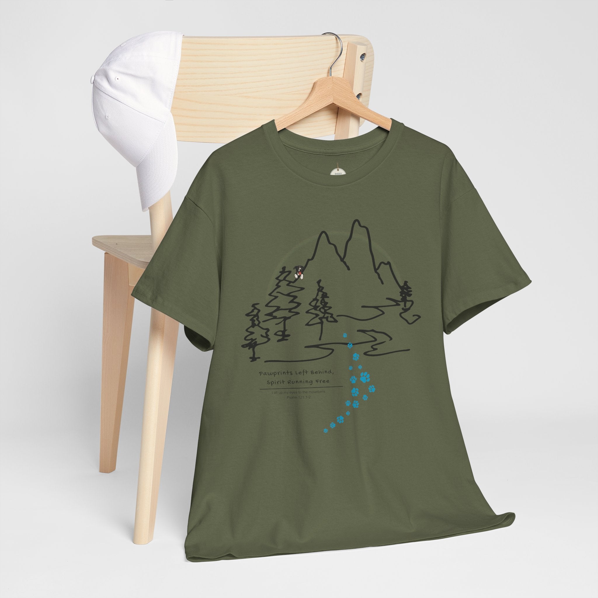 Rainbow Bridge T‑Shirt — Minimal Line Art Nature Tee with 'Follow the Dog Prints' Design Psalms 121