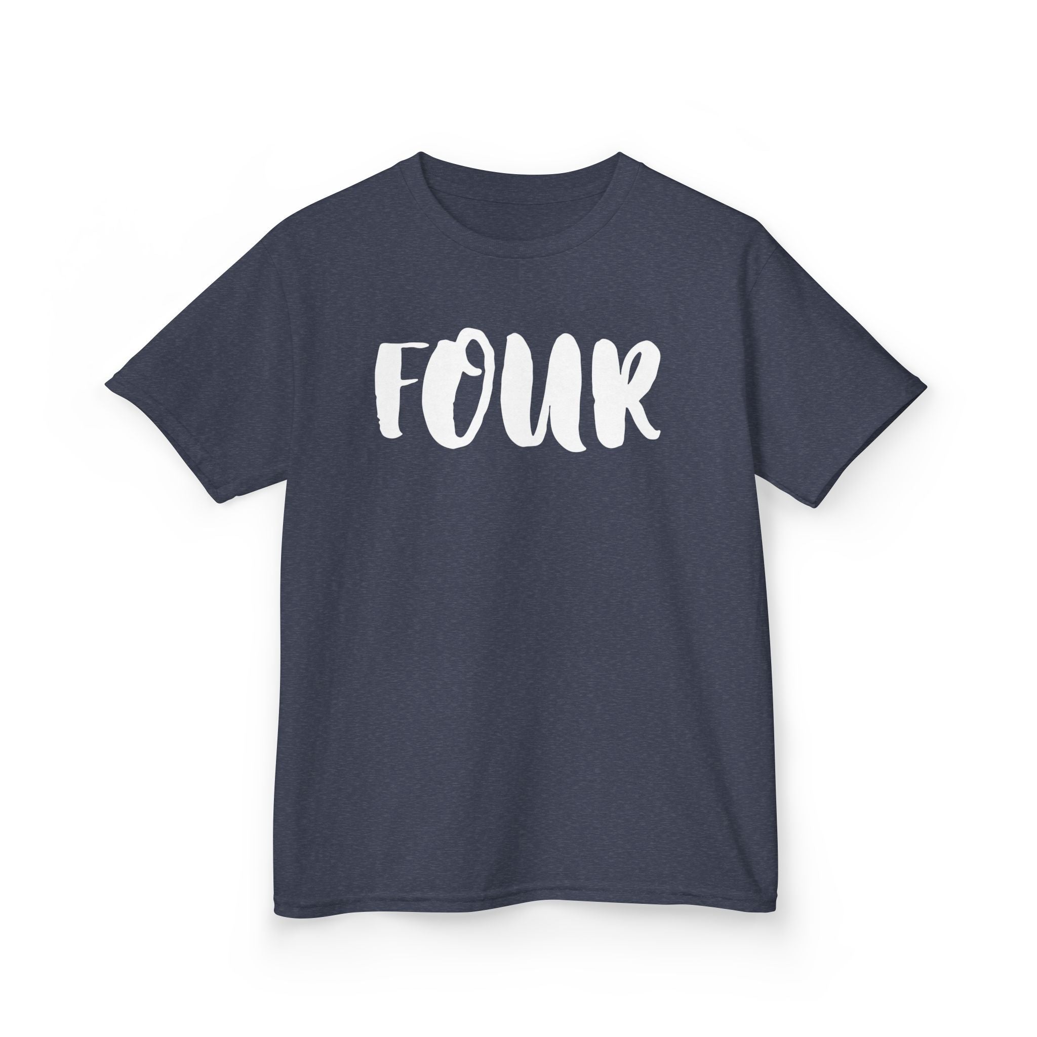 Kids 'Four' Birthday T‑Shirt — Fun Script Number Tee for 4-Year-Olds