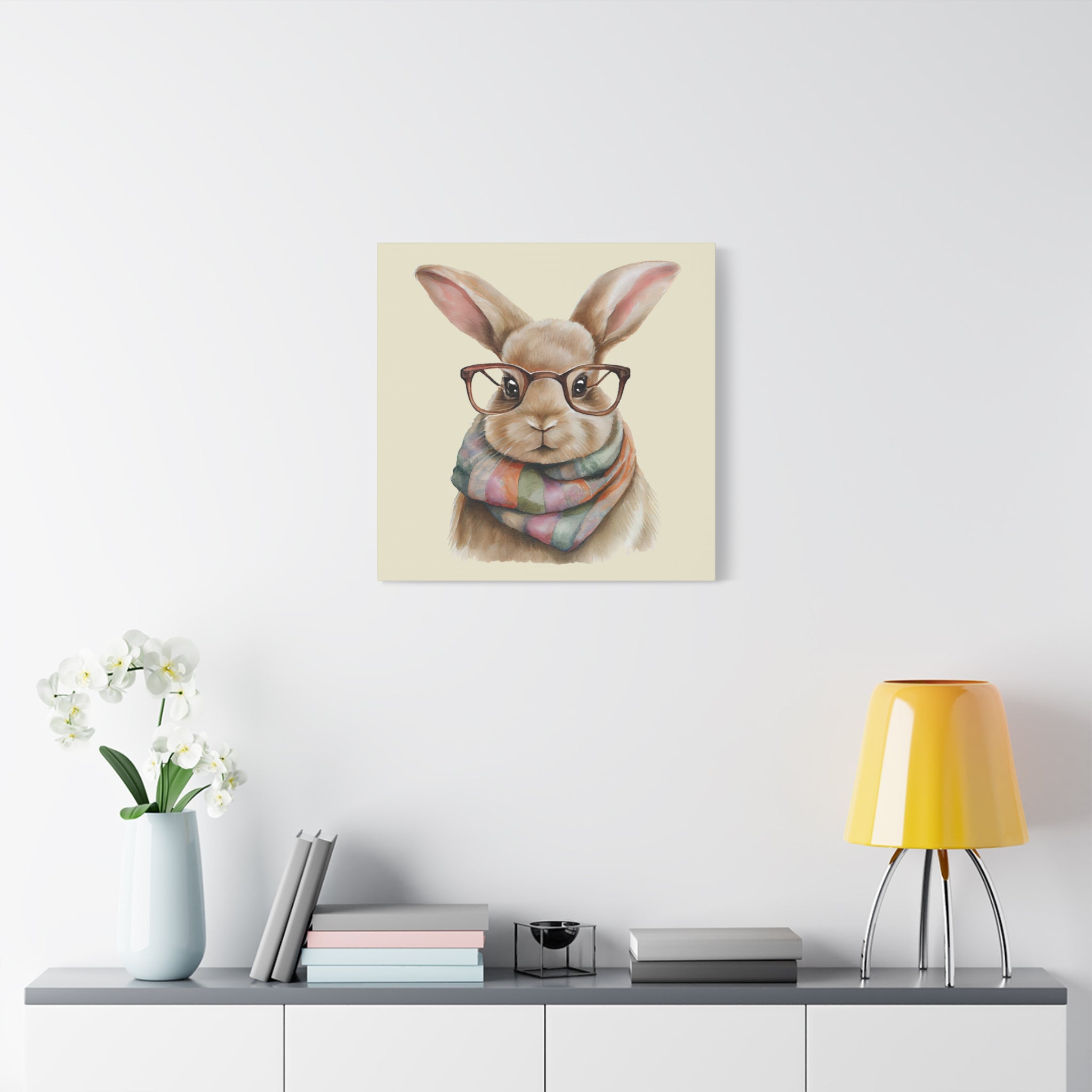 Hipster Bunny Canvas Art – Bunny with Glasses & Colorful Scarf Matte Stretched Wall Decor