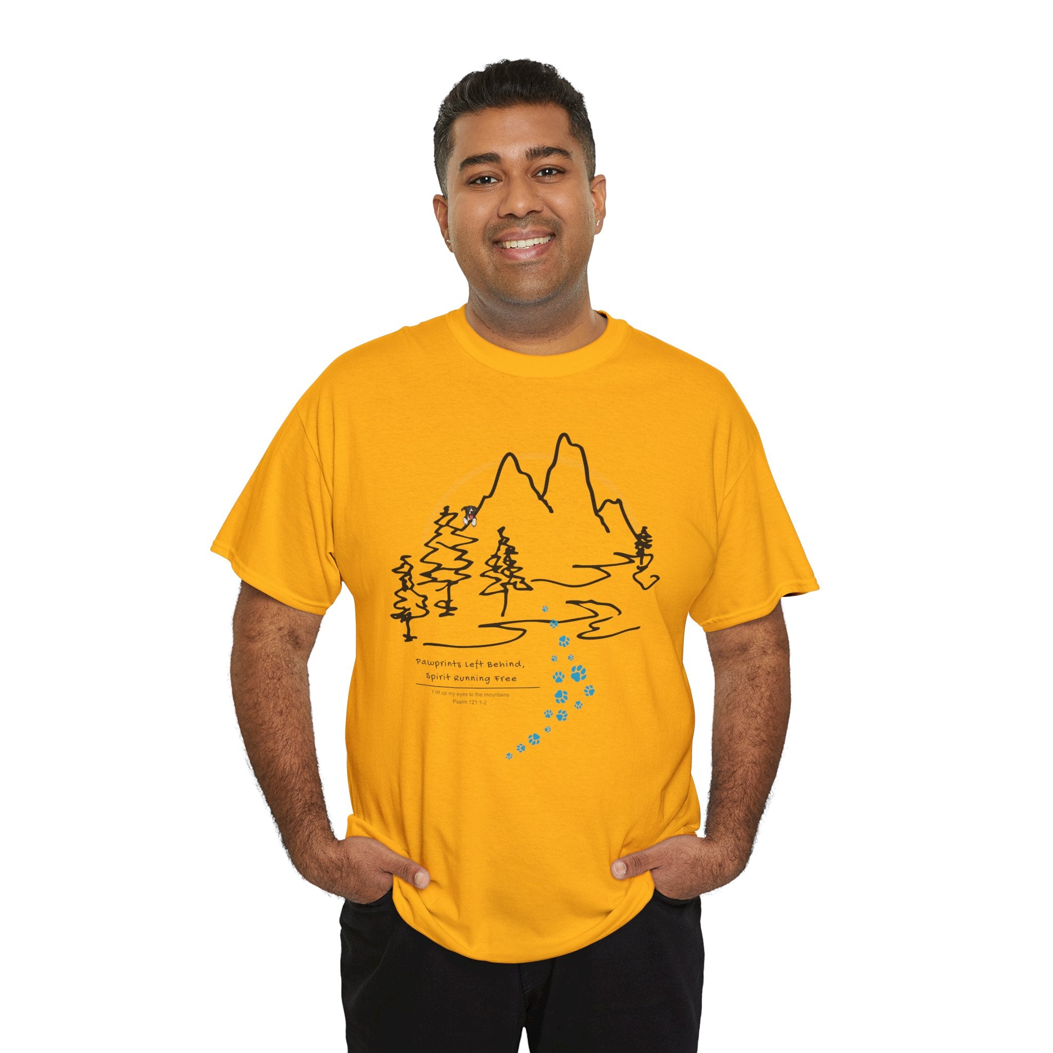 Rainbow Bridge T‑Shirt — Minimal Line Art Nature Tee with 'Follow the Dog Prints' Design Psalms 121