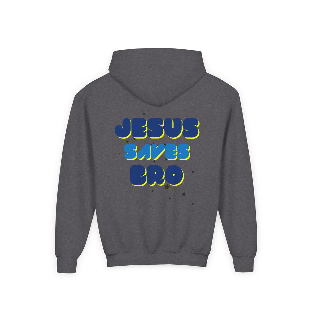 Youth Hoodie — "Jesus Saves Bro" Christian Graphic Pullover