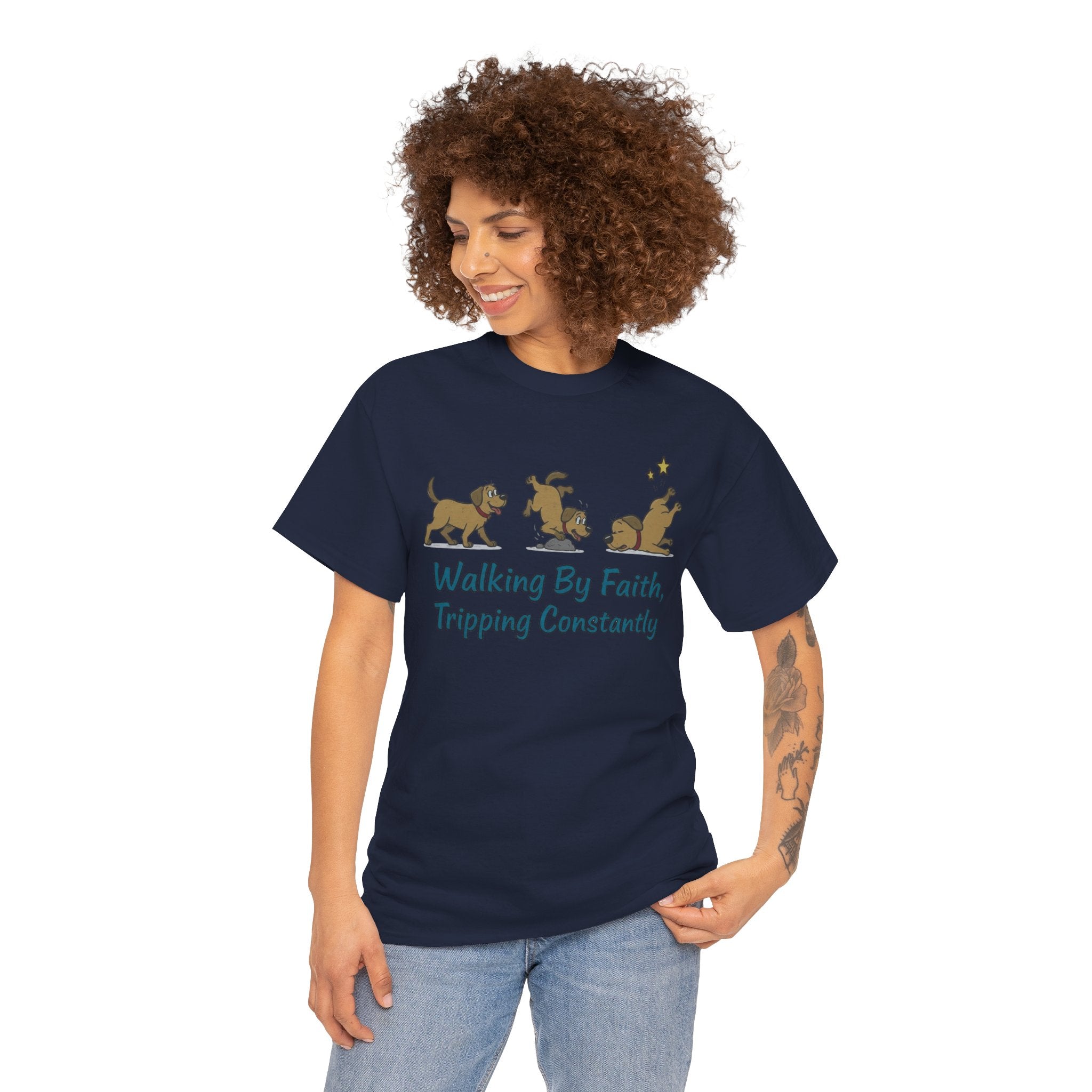 Faith Dog T-Shirt — "Walking By Faith, Tripping Constantly" Cute Christian Tee