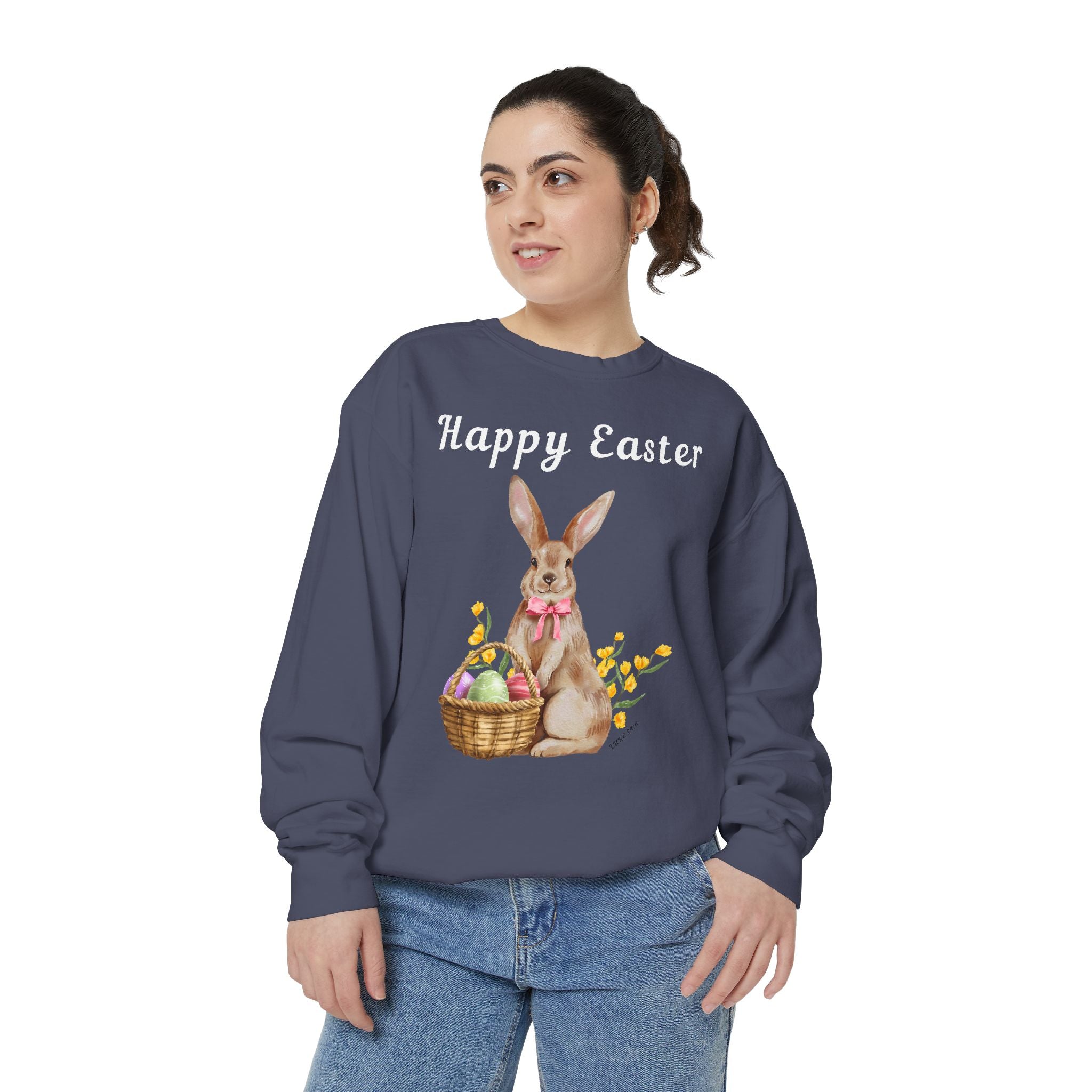 Easter Bunny Sweatshirt - Happy Easter Bunny with Basket Design (Luke 24:6)