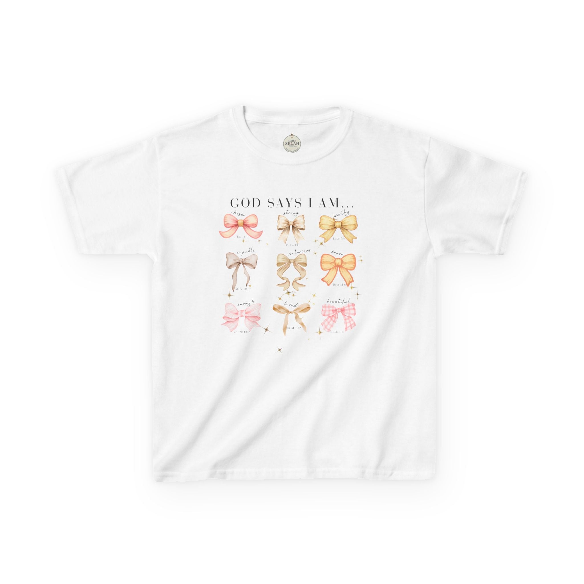 Kids Tee — 'God Says I Am' Pastel Bow Graphic