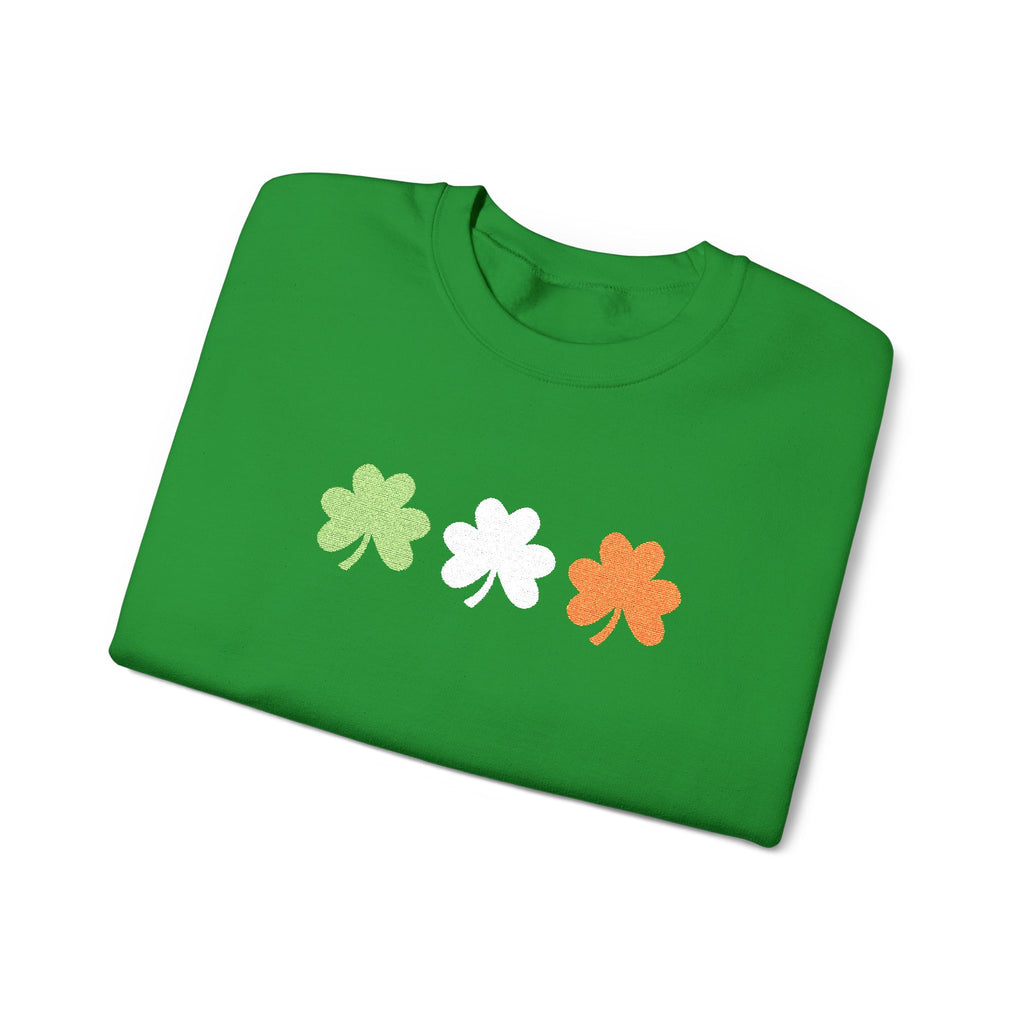 Irish Shamrock Trio Crewneck Sweatshirt – Green White Orange St. Patrick’s Day Pullover Flag Colors
