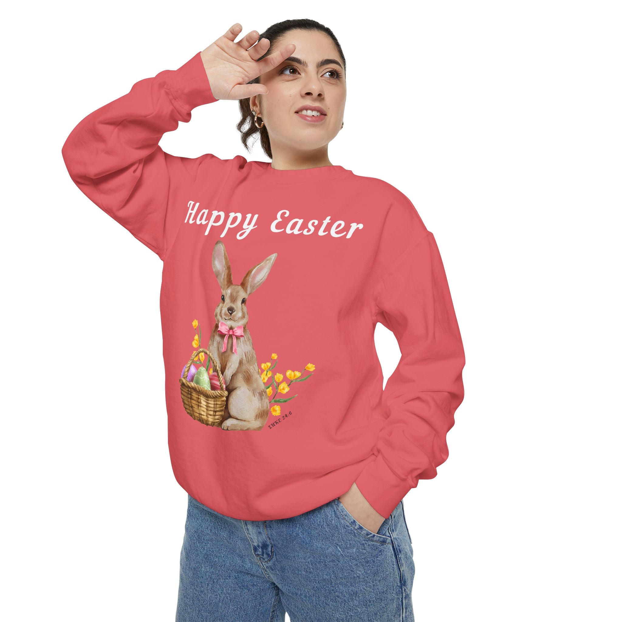 Easter Bunny Sweatshirt - Happy Easter Bunny with Basket Design (Luke 24:6)