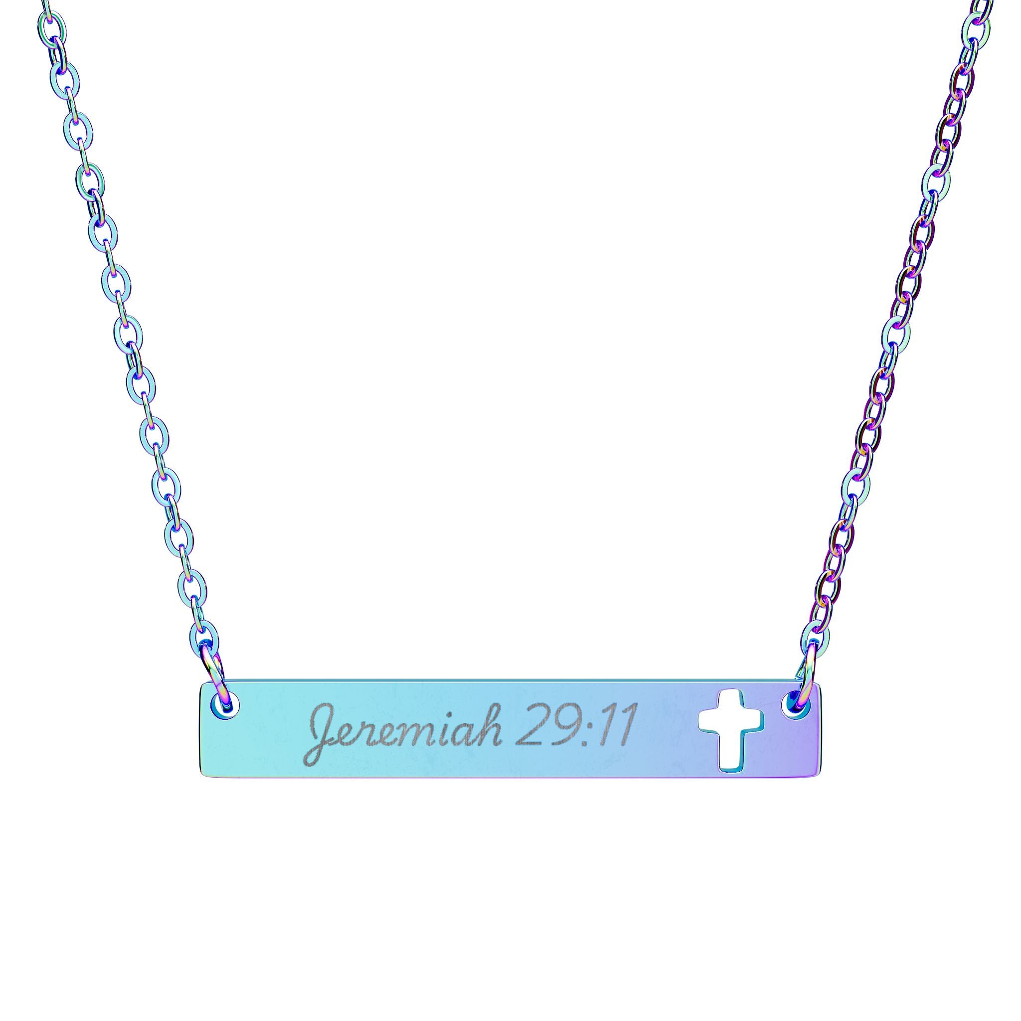 Personalized Cutout Cross Bar Necklace — Personalized Scripture Bar Necklace (e.g., Psalm 18:28, Romans 15:13) with Cross