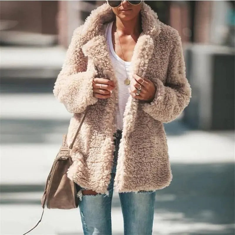 Fuzzy Collar Long Sleeve Cardigan in Solid Color