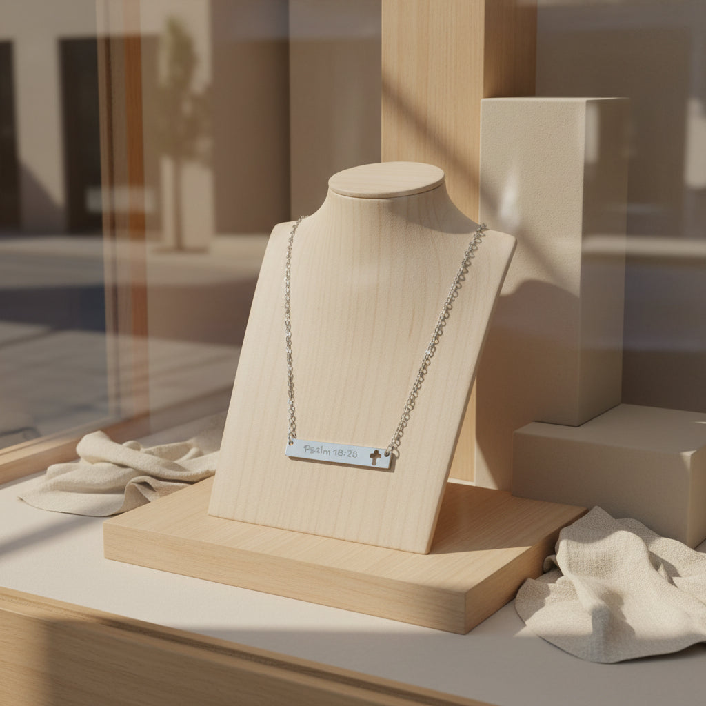 Personalized Cutout Cross Bar Necklace — Personalized Scripture Bar Necklace (e.g., Psalm 18:28, Romans 15:13) with Cross