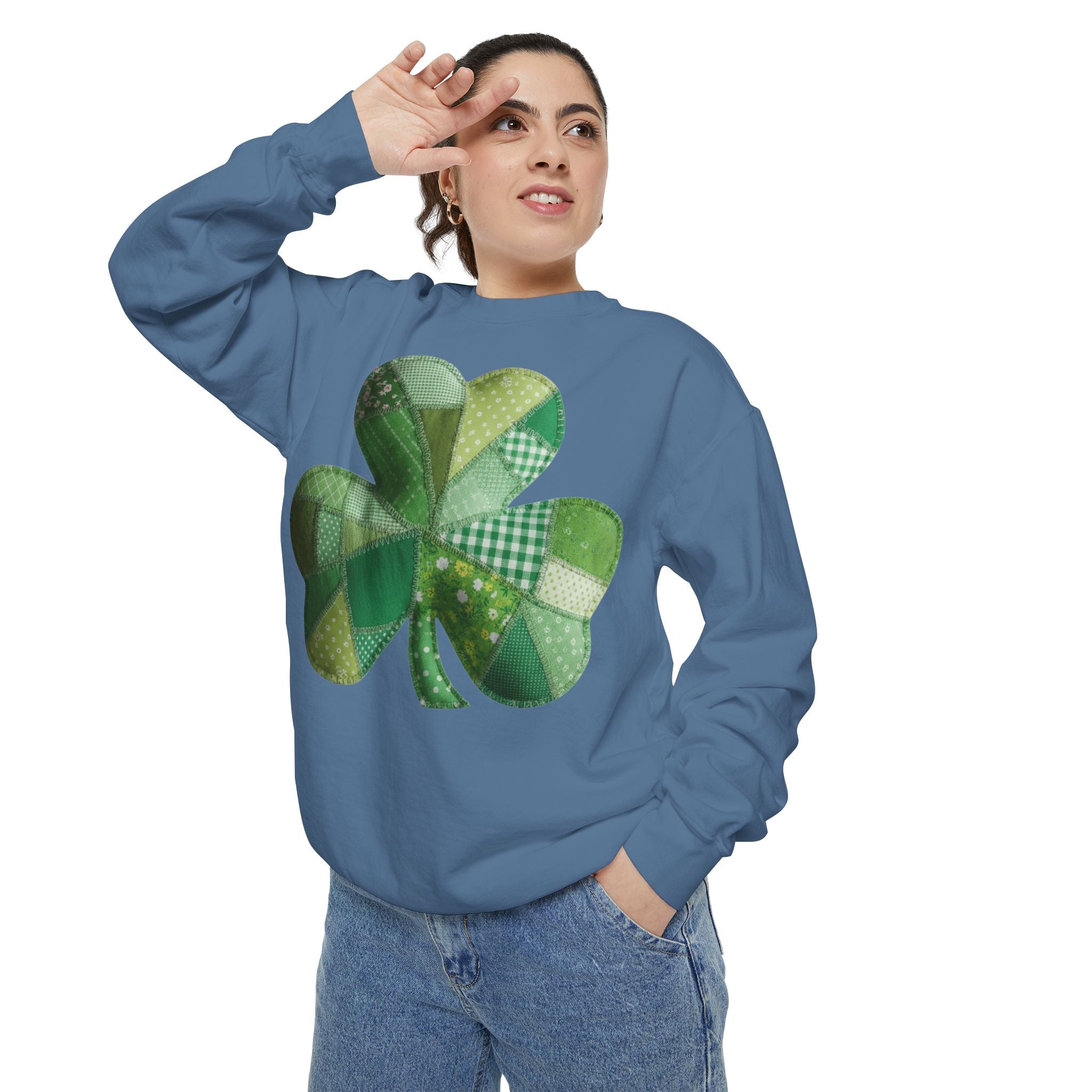 Shamrock Patchwork Sweatshirt — St. Patrick’s Day Green Clover Crewneck