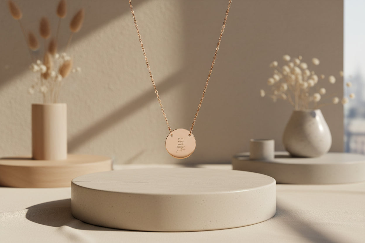 Pray, Trust, Wait, Repeat Circle Christian Necklace — Minimalist Disc Pendant