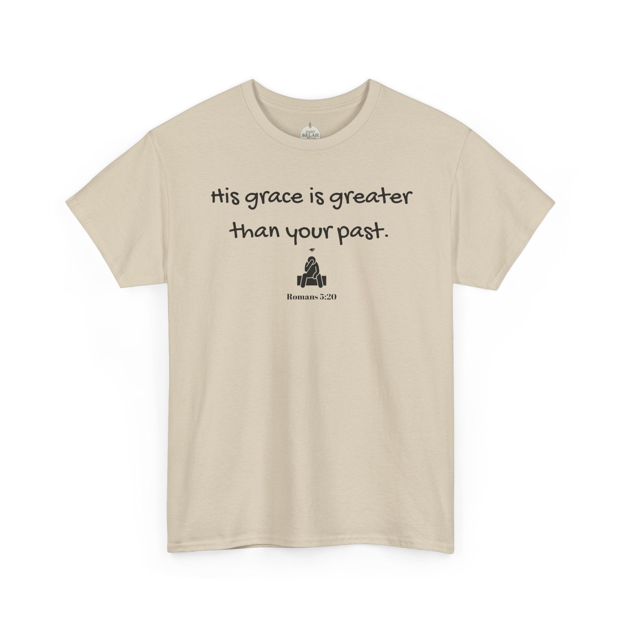 Christian T‑Shirt — "His grace is greater than your past." (Romans 5:20)
