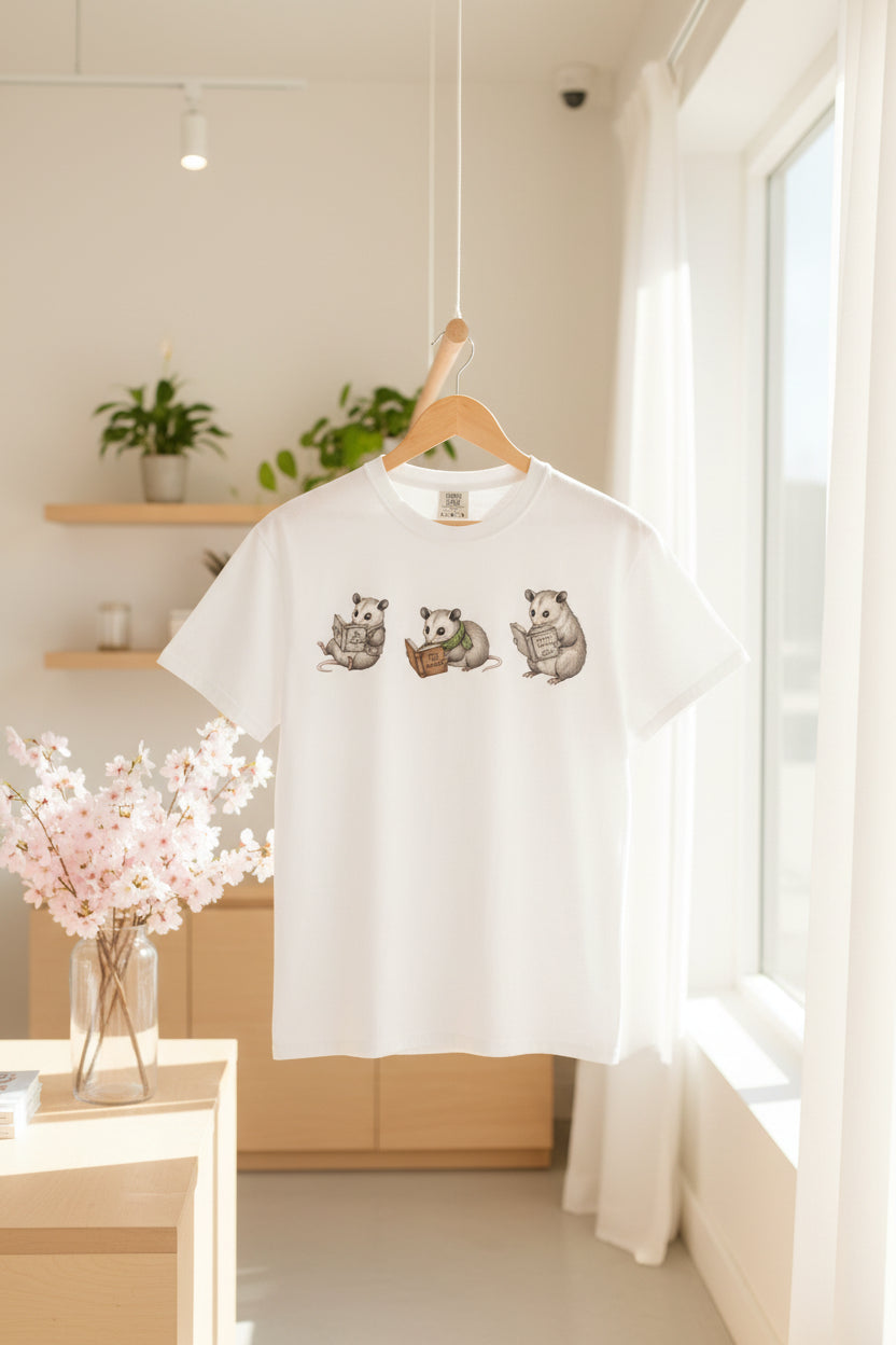 Reading Possum T-Shirt — Cute Trio Illustration Tee