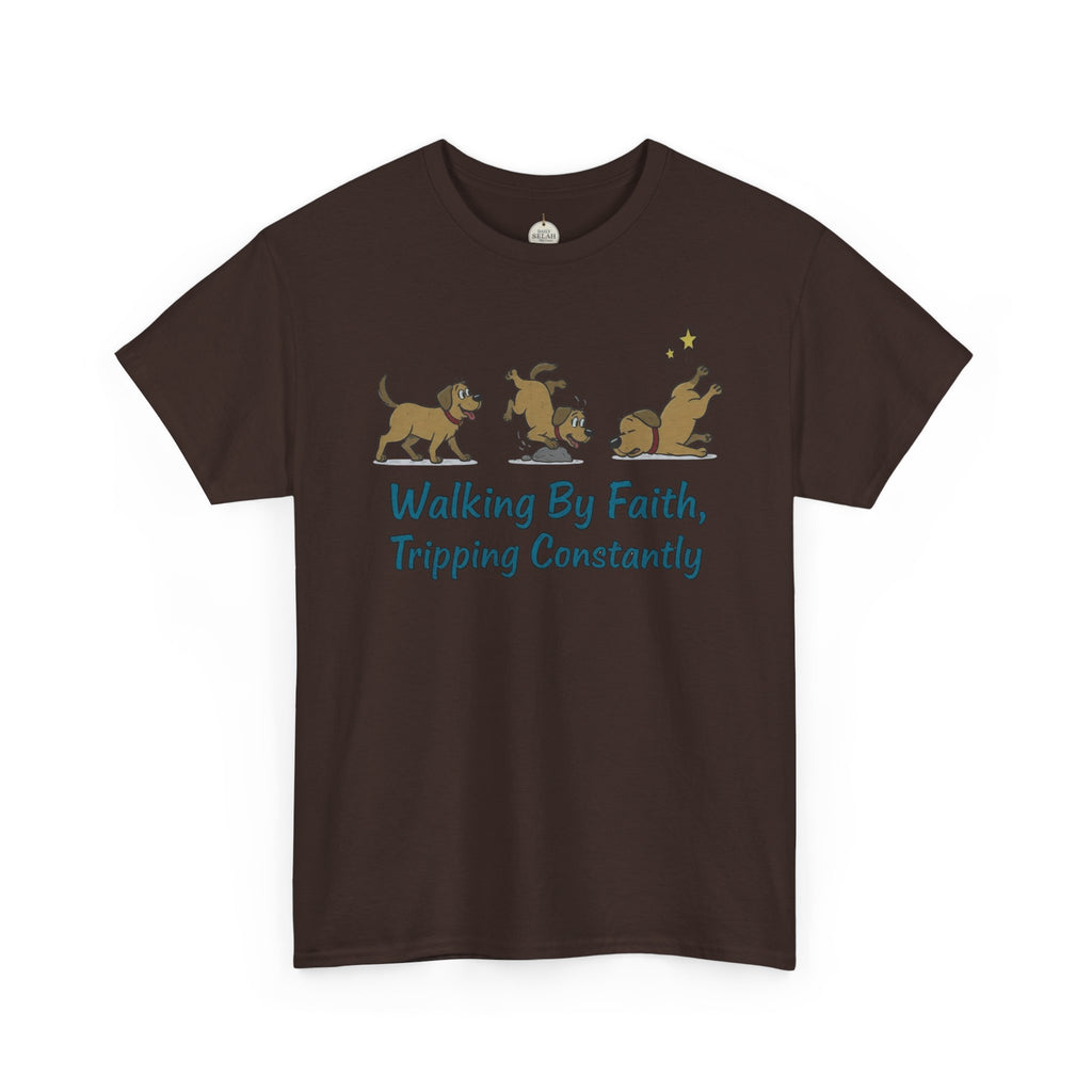 Faith Dog T-Shirt — "Walking By Faith, Tripping Constantly" Cute Christian Tee