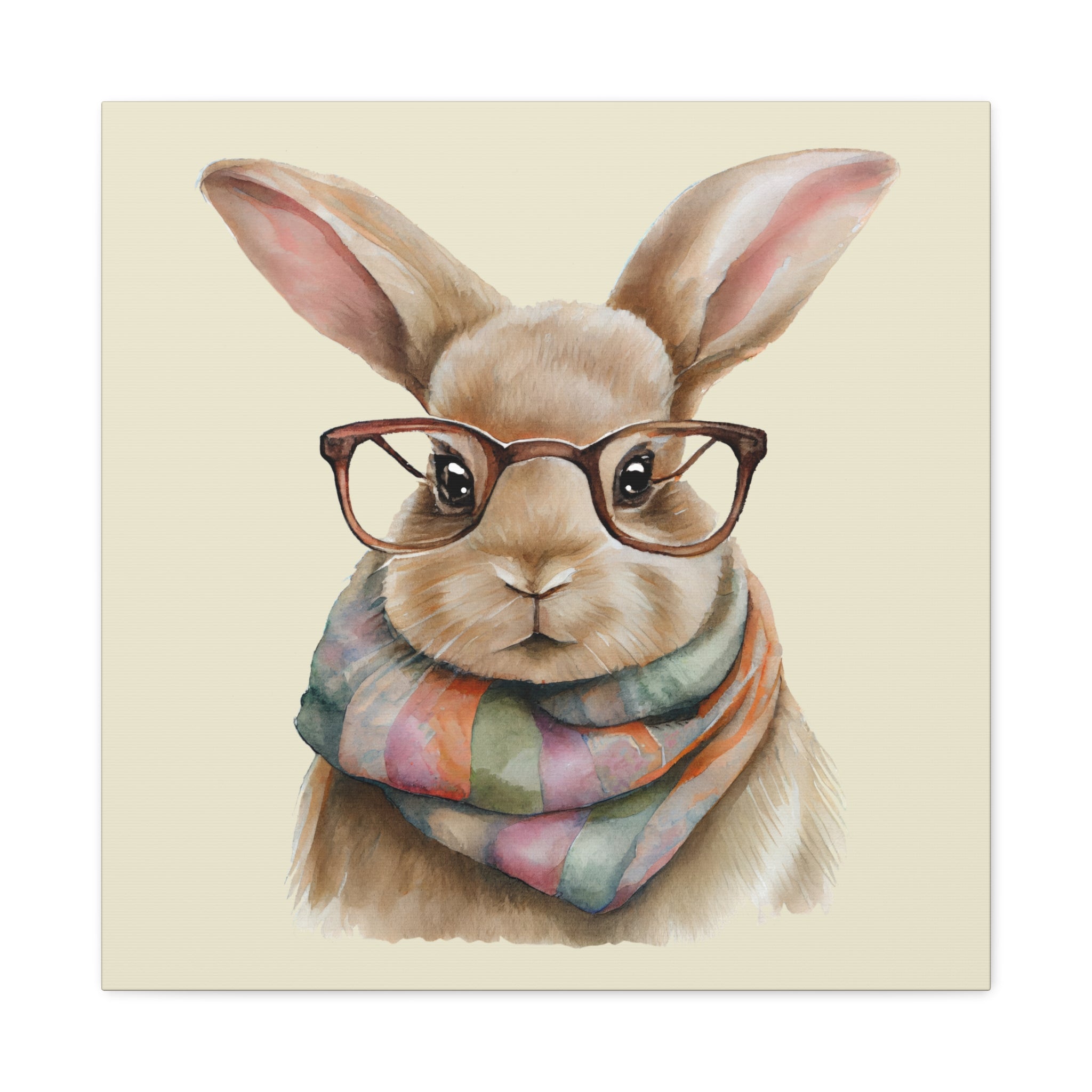 Hipster Bunny Canvas Art – Bunny with Glasses & Colorful Scarf Matte Stretched Wall Decor