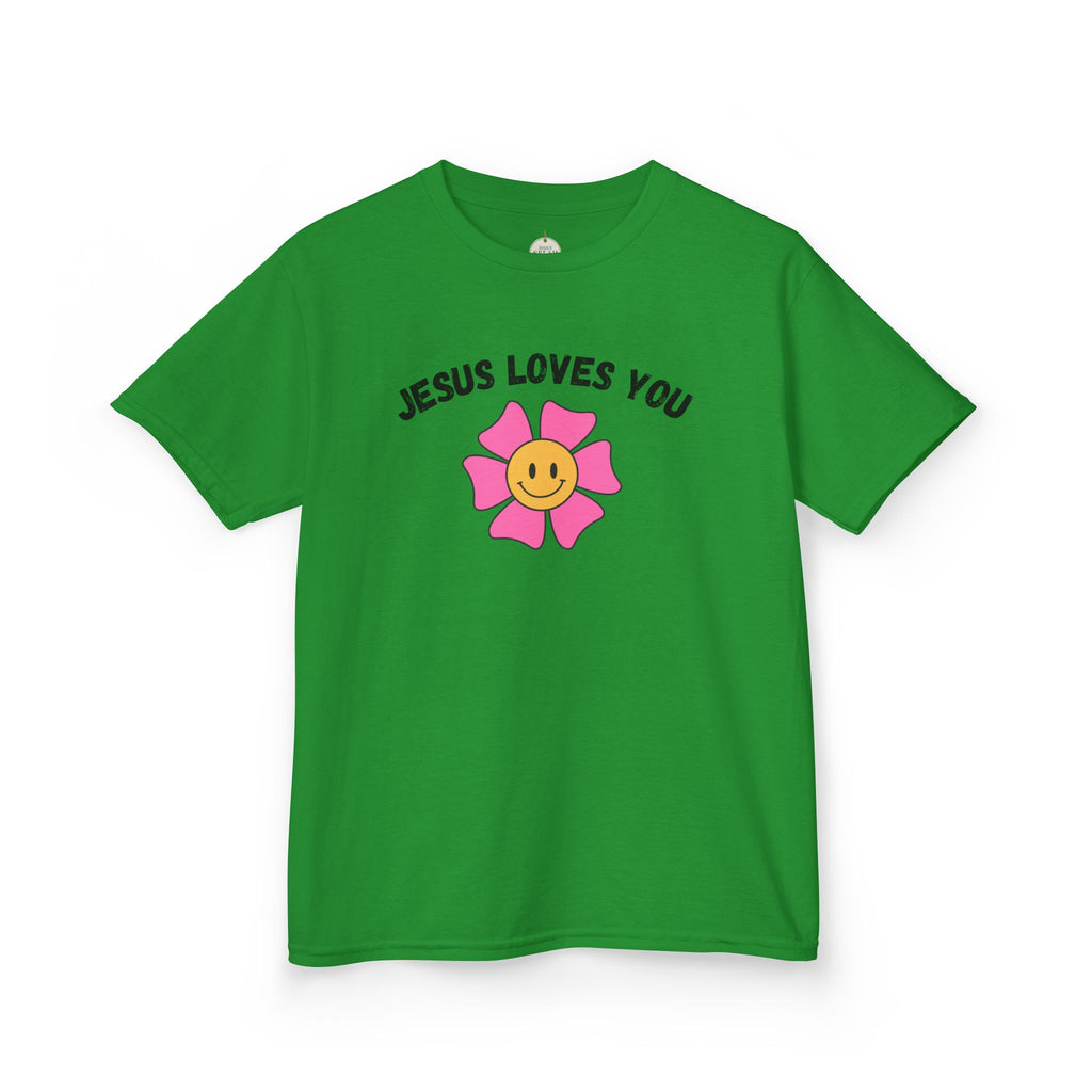 Kids T-Shirt — "Jesus Loves You" Smiley Flower Christian Tee