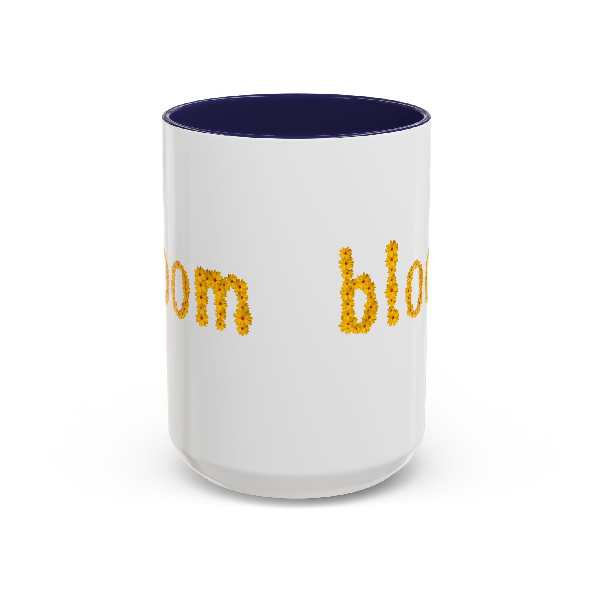 "bloom" floral text Coffee Mug | sunflower petal typography, white & black accent