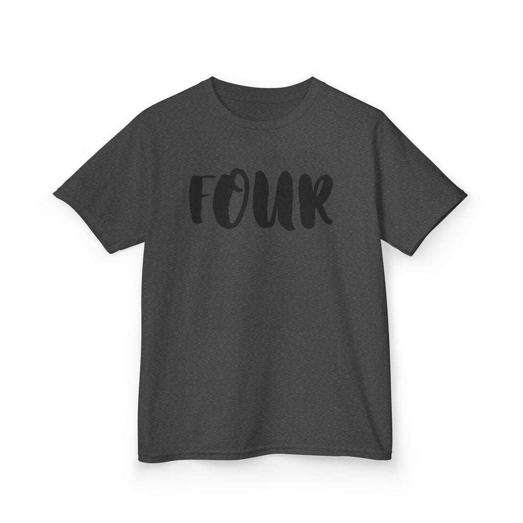 Kids 'Four' Birthday T‑Shirt — Fun Script Number Tee for 4-Year-Olds