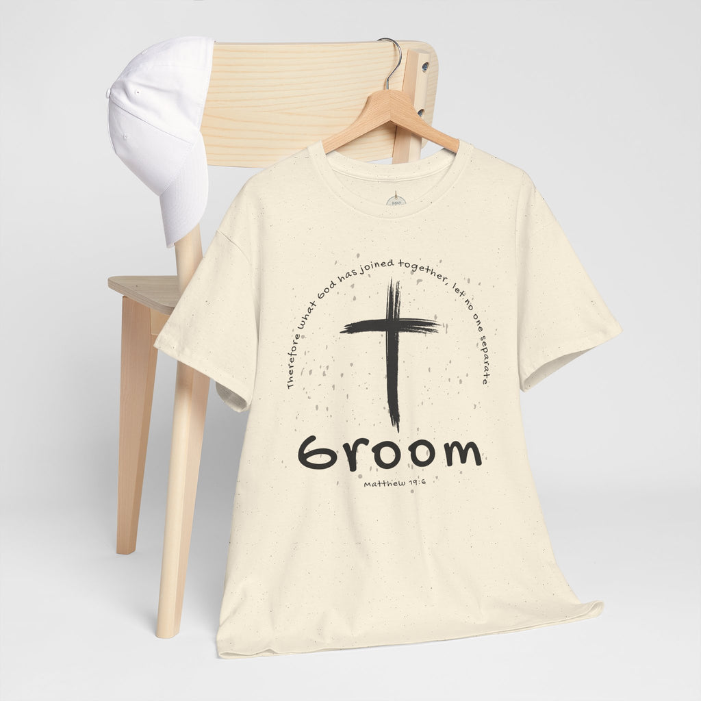 Groom Cross Tee — Christian Wedding Groom T-Shirt (Scripture Verse Design) - Christian - Matthew 19:6