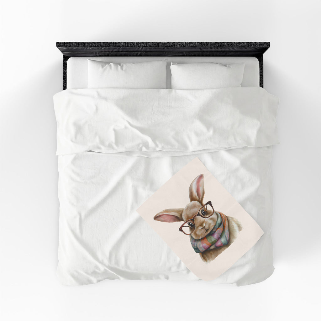 Cute Bunny with Glasses Velveteen Plush Blanket – Cozy Rabbit Scarf Throw