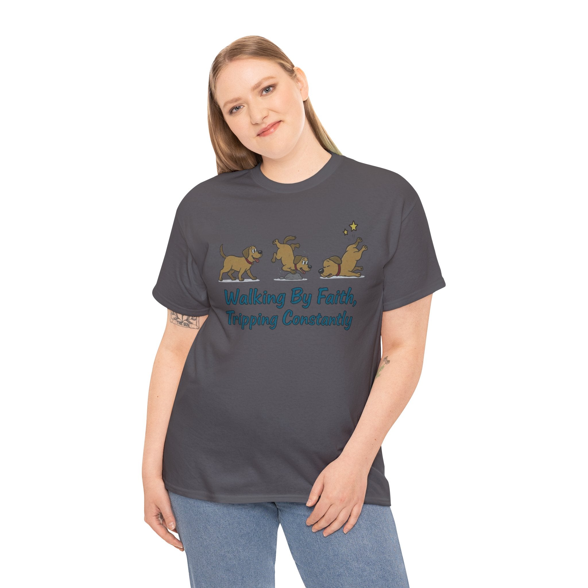 Faith Dog T-Shirt — "Walking By Faith, Tripping Constantly" Cute Christian Tee