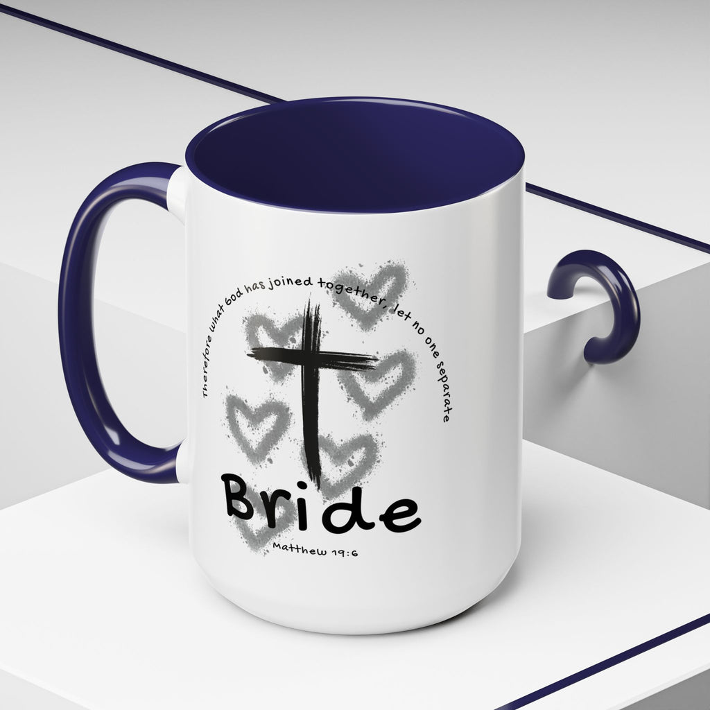 Bride Coffee Mug — Christian Cross & Hearts Accent Mug (Matthew 19:6)