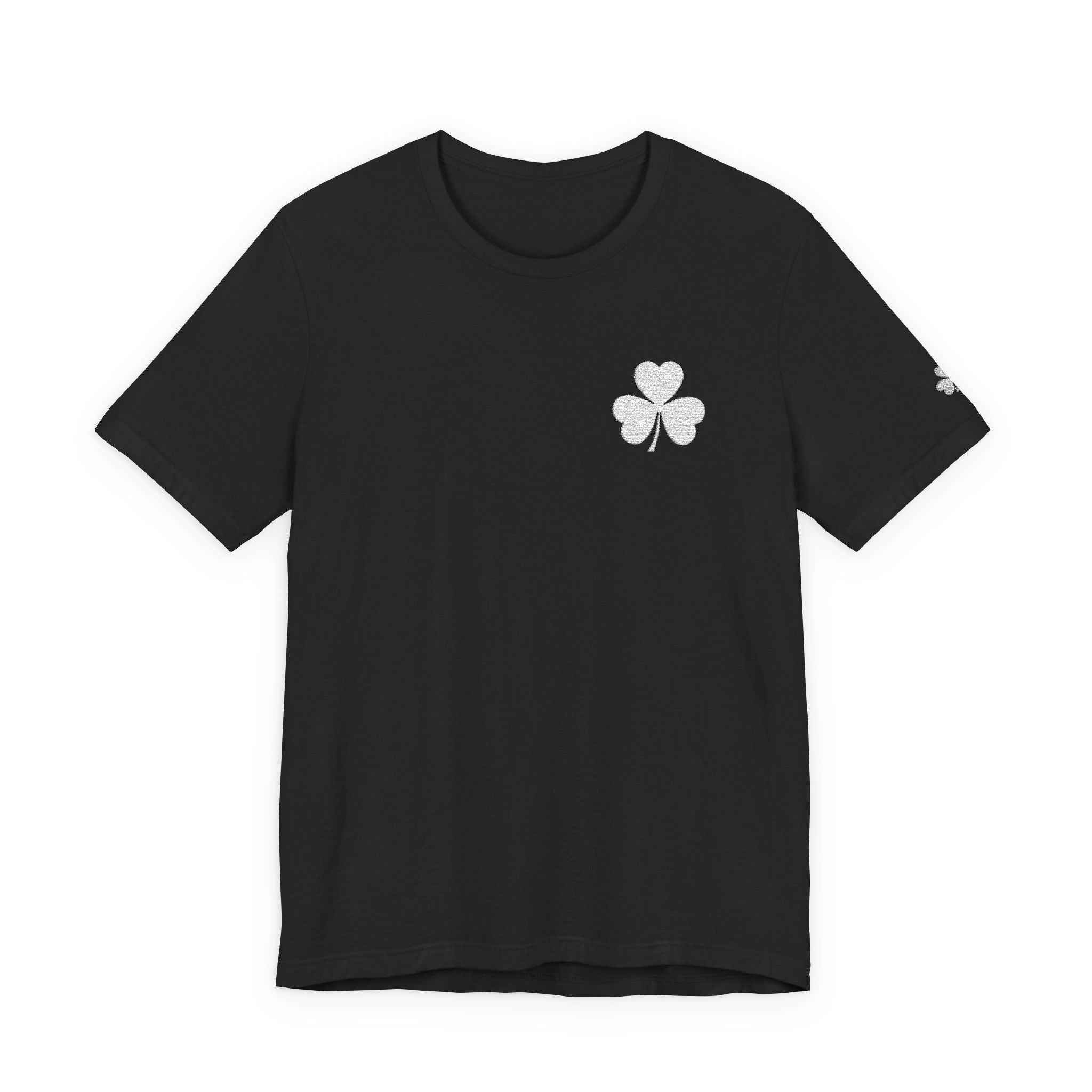 Embroidered Shamrock Pocket Tee — Distressed Lucky Clover T-Shirt
