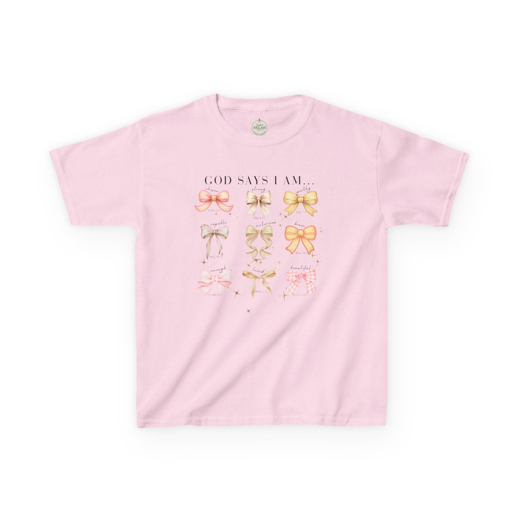 Kids Tee — 'God Says I Am' Pastel Bow Graphic