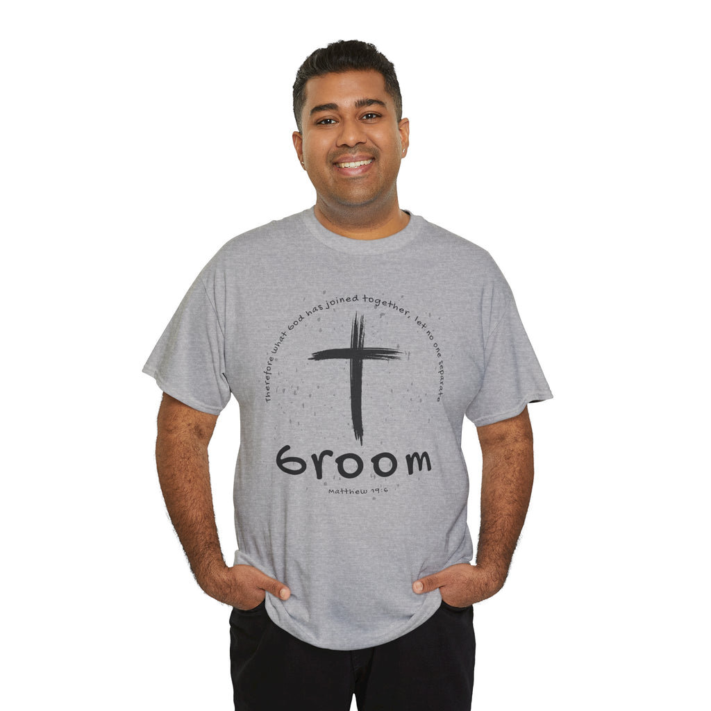 Groom Cross Tee — Christian Wedding Groom T-Shirt (Scripture Verse Design) - Christian - Matthew 19:6