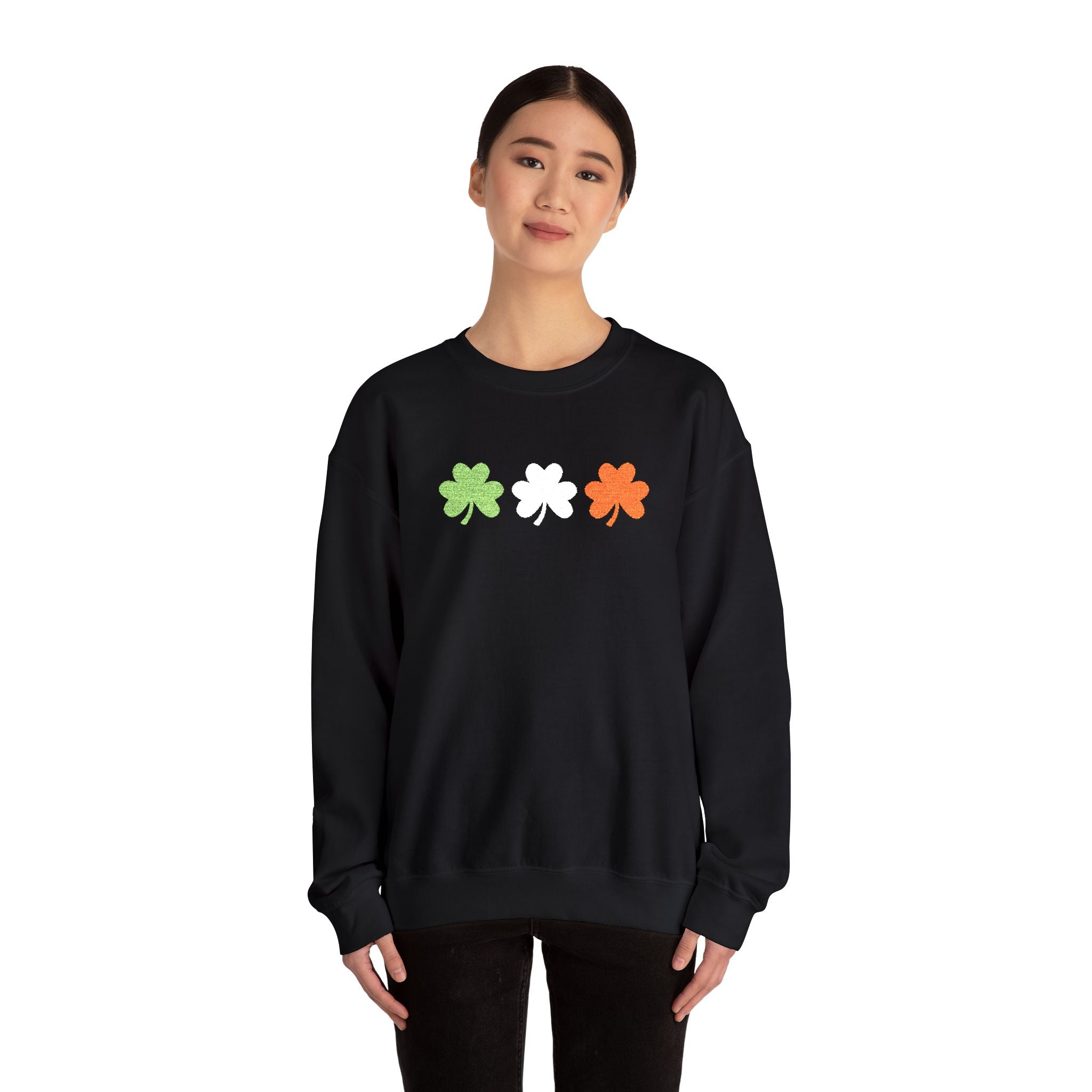 Irish Shamrock Trio Crewneck Sweatshirt – Green White Orange St. Patrick’s Day Pullover Flag Colors