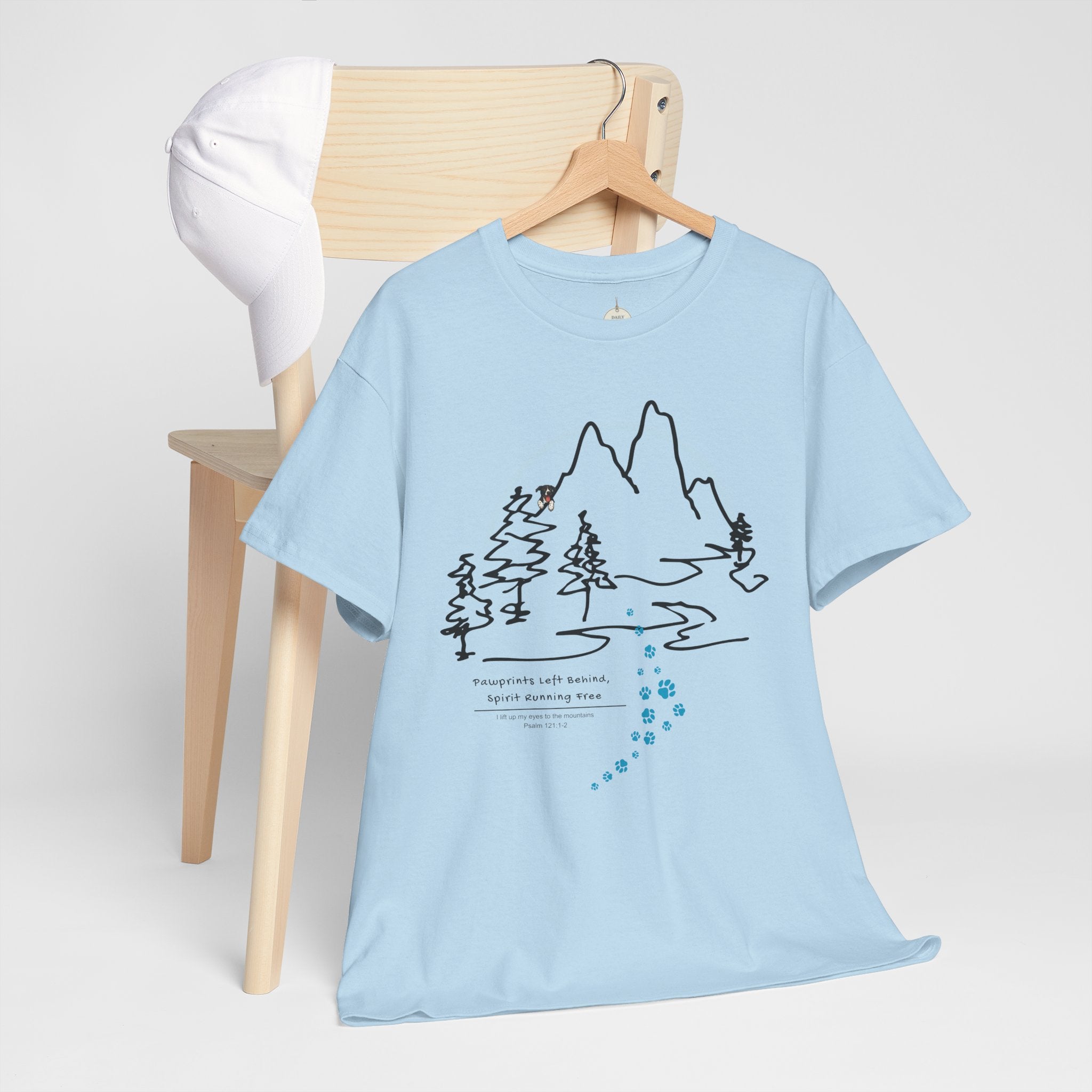 Rainbow Bridge T‑Shirt — Minimal Line Art Nature Tee with 'Follow the Dog Prints' Design Psalms 121
