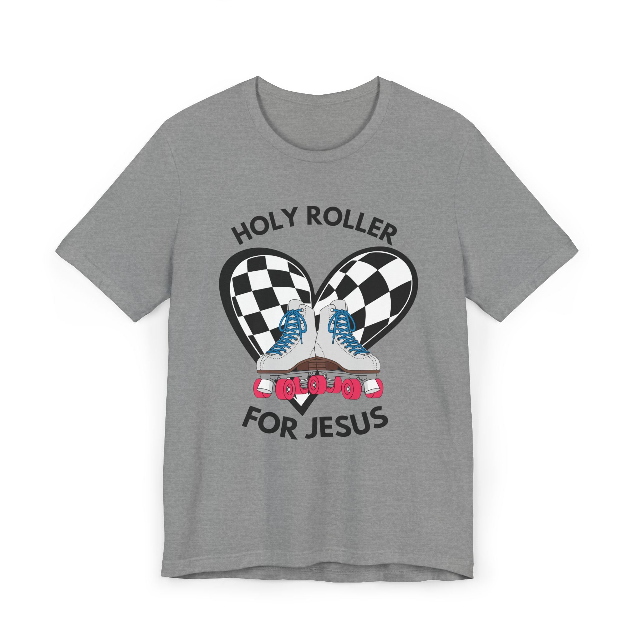 Holy Roller For Jesus T-Shirt — Retro Roller Skates & Checker Heart Christian Tee