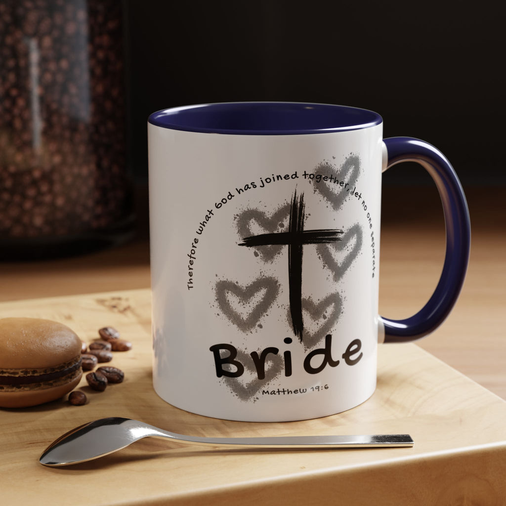 Bride Coffee Mug — Christian Cross & Hearts Accent Mug (Matthew 19:6)