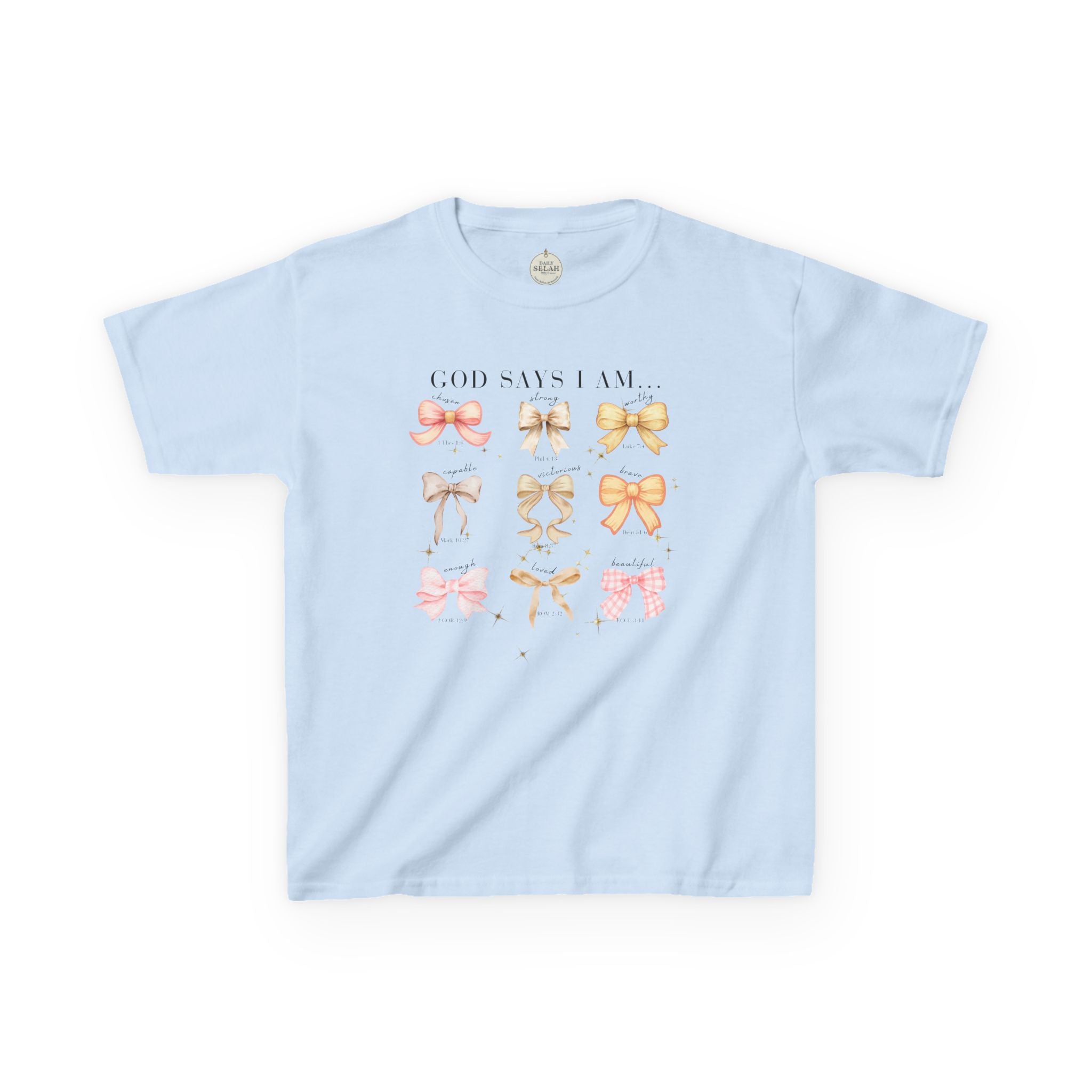 Kids Tee — 'God Says I Am' Pastel Bow Graphic