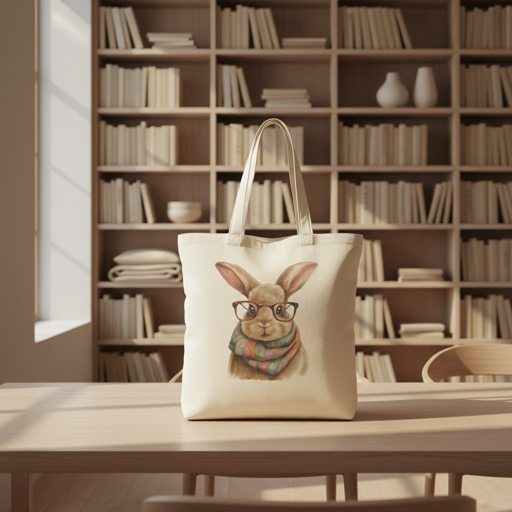 Canvas Tote Bag — Cute Bunny with Glasses & Plaid Scarf | Eco-Friendly Grocery, Book & Gift Tote